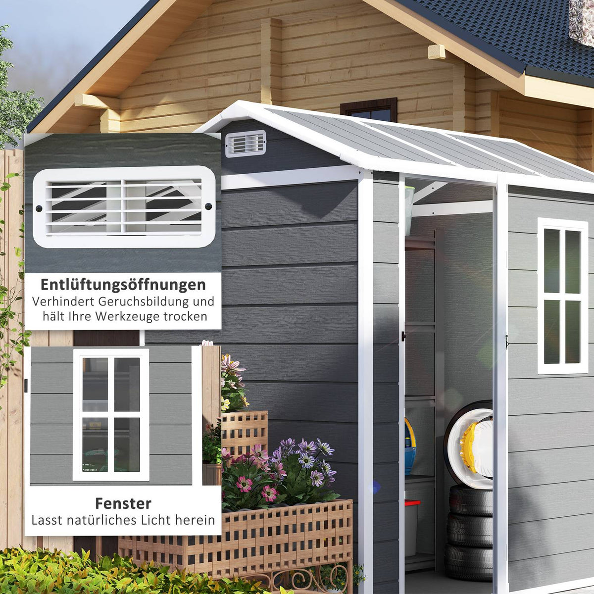 Tool Shed Plastic 2.1m² 186 x 130 x 199cm Tool Shed with Gable Roof Floor Window Lockable Door Weatherproof Garden Shed Outdoor Garden Shed for Backyard Gray
