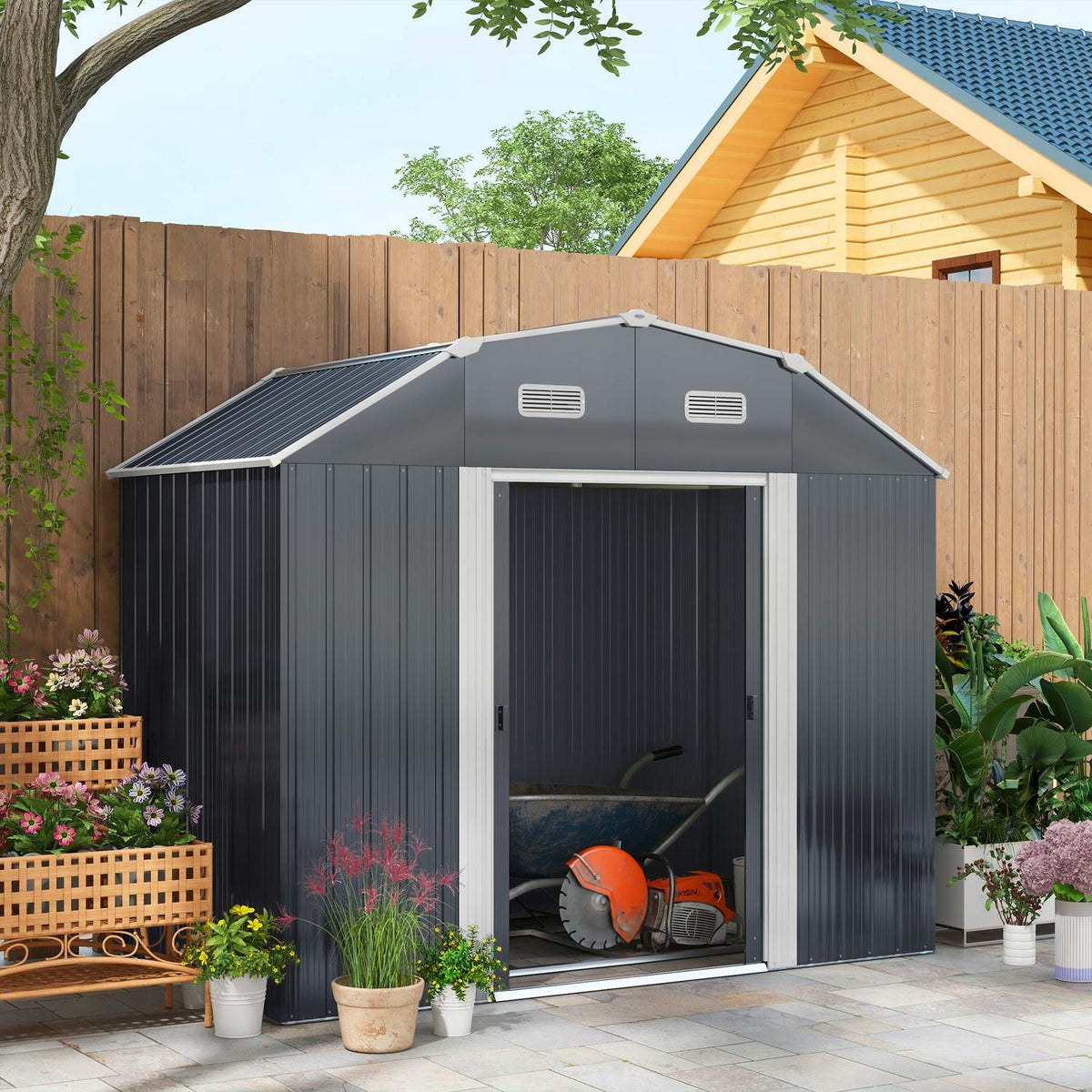 Tool Shed Steel 2.7M² Tool Shed Uv Protection Garden Cabinet 2 Sliding Doors Shelf Foundation Dark Gray 238X132X198.5Cm