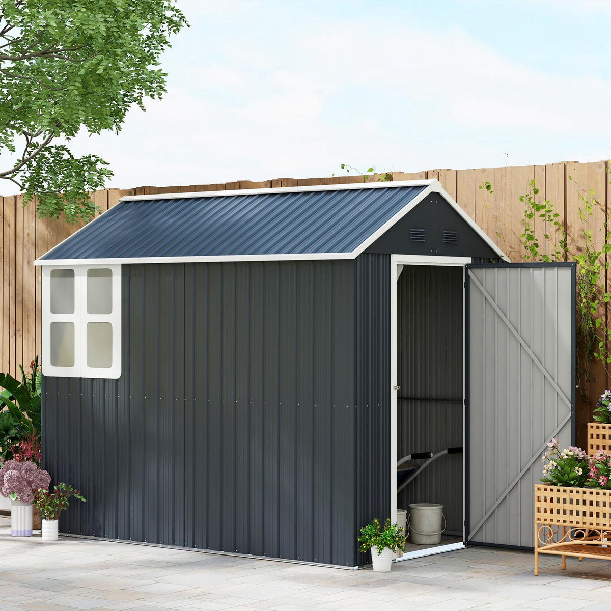 Tool Shed Steel, 4㎡ Tool Shed With Window Lockable Garden Cupboard, 259 X 172 X 222 Cm Garden Shed For Balcony, Terrace, Dark Gray