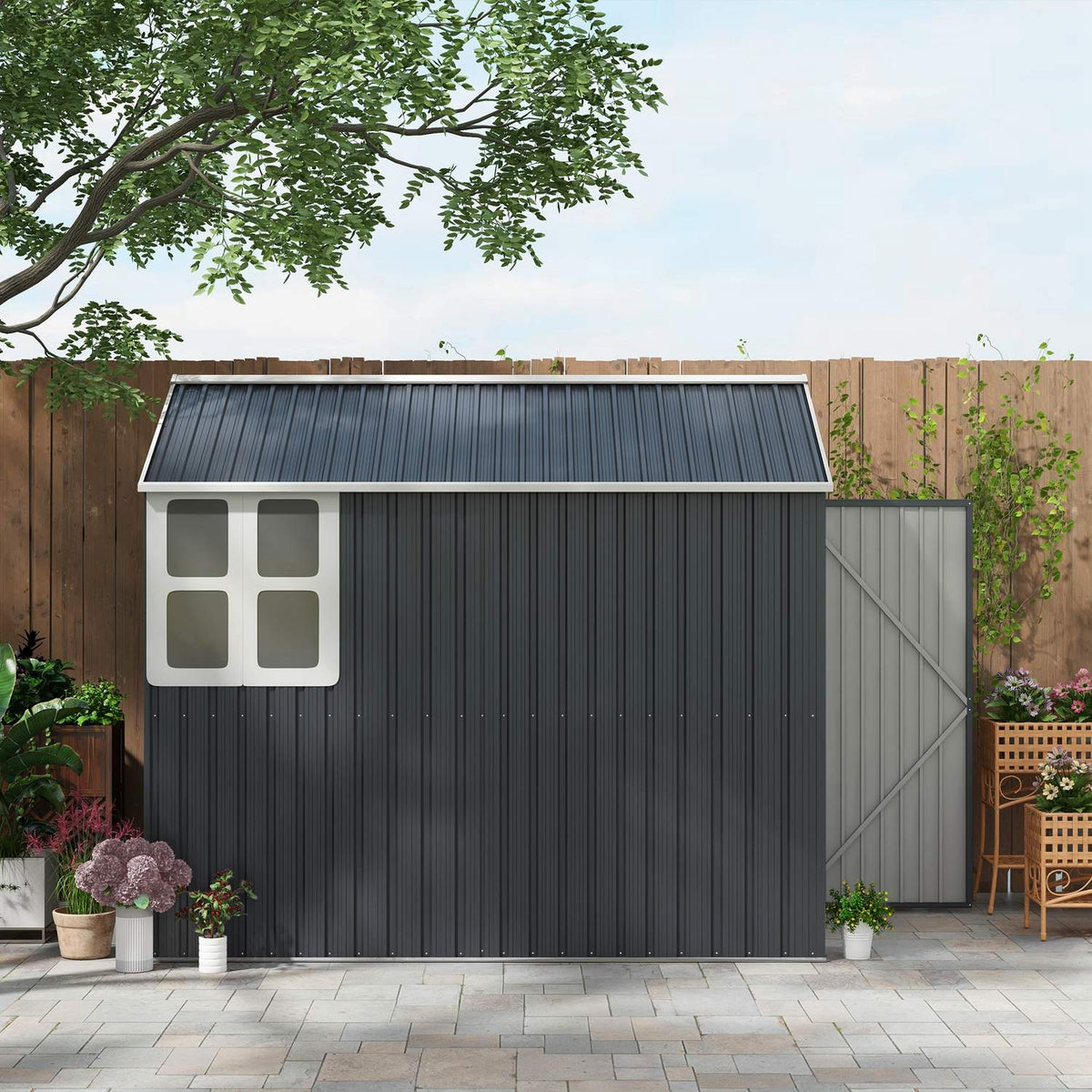Tool Shed Steel, 4㎡ Tool Shed With Window Lockable Garden Cupboard, 259 X 172 X 222 Cm Garden Shed For Balcony, Terrace, Dark Gray