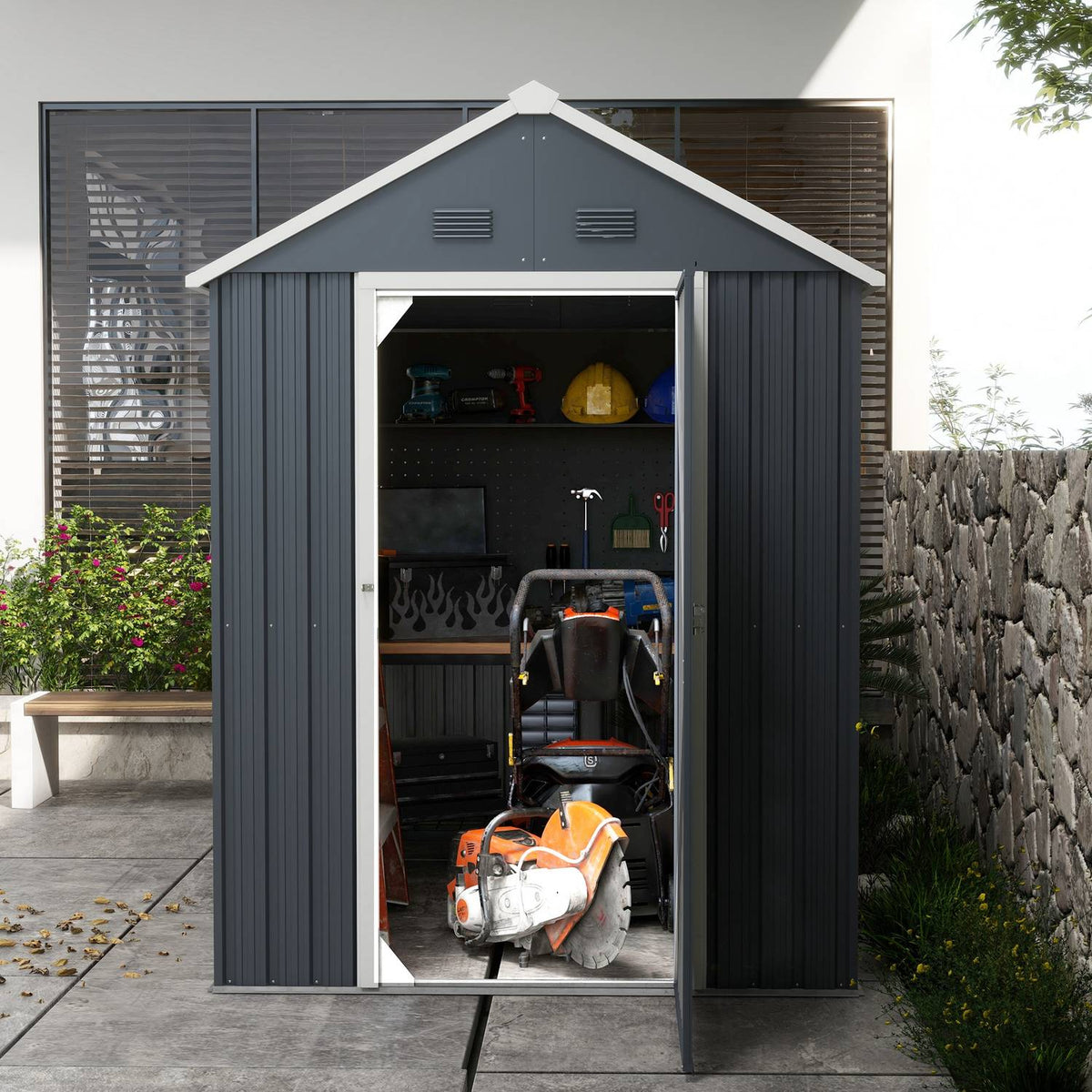 Tool Shed Steel, 4㎡ Tool Shed With Window Lockable Garden Cupboard, 259 X 172 X 222 Cm Garden Shed For Balcony, Terrace, Dark Gray