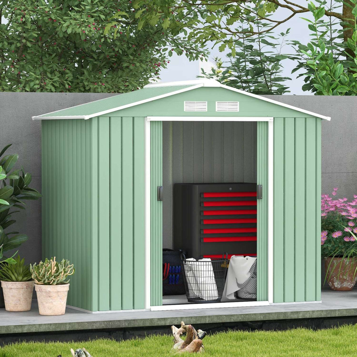 Tool Shed With Sliding Doors Garden Shed Made Of Steel, Weatherproof, With Foundation, Light Green, 213X130X185Cm