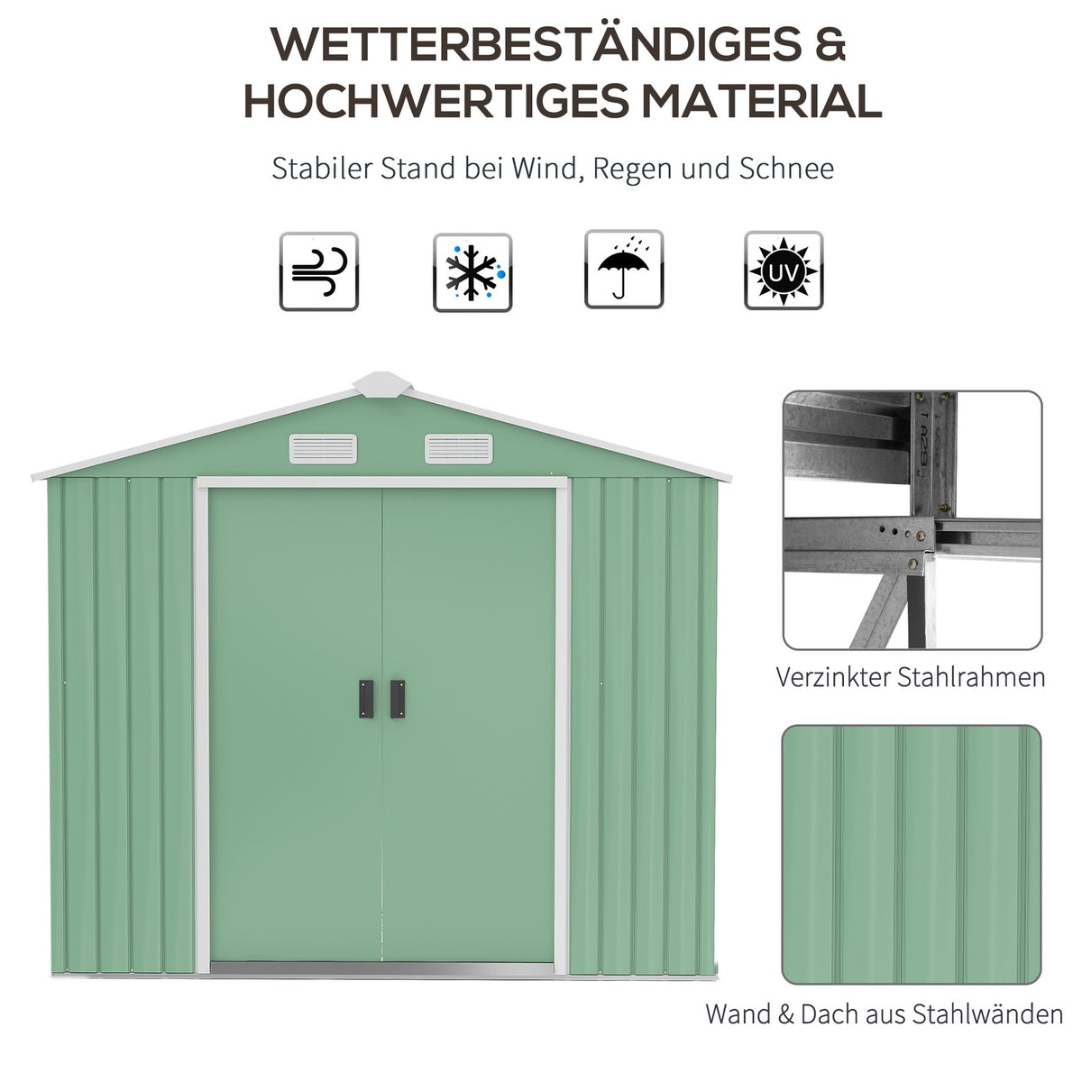 Tool Shed With Sliding Doors Garden Shed Made Of Steel, Weatherproof, With Foundation, Light Green, 213X130X185Cm