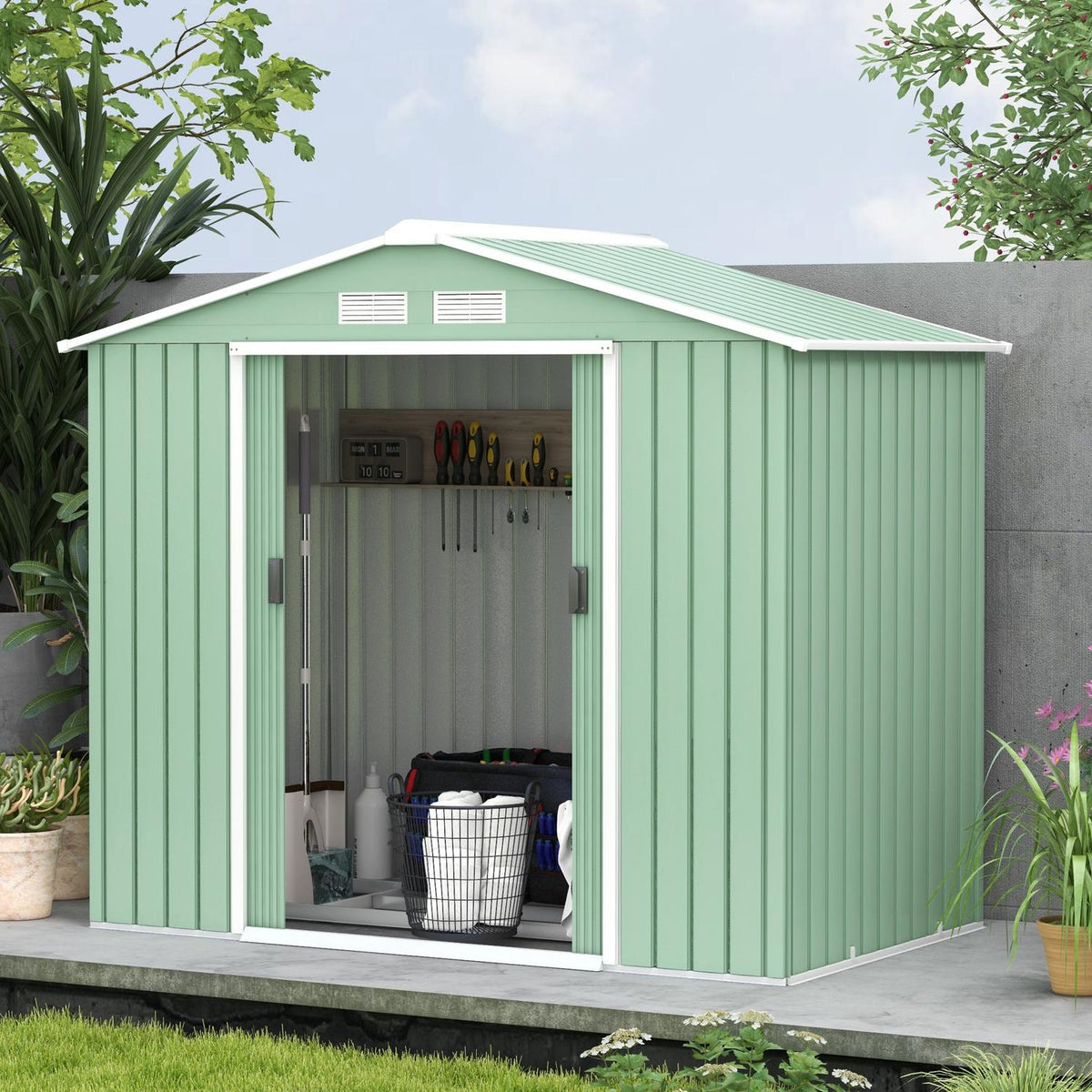 Tool Shed With Sliding Doors Garden Shed Made Of Steel, Weatherproof, With Foundation, Light Green, 213X130X185Cm