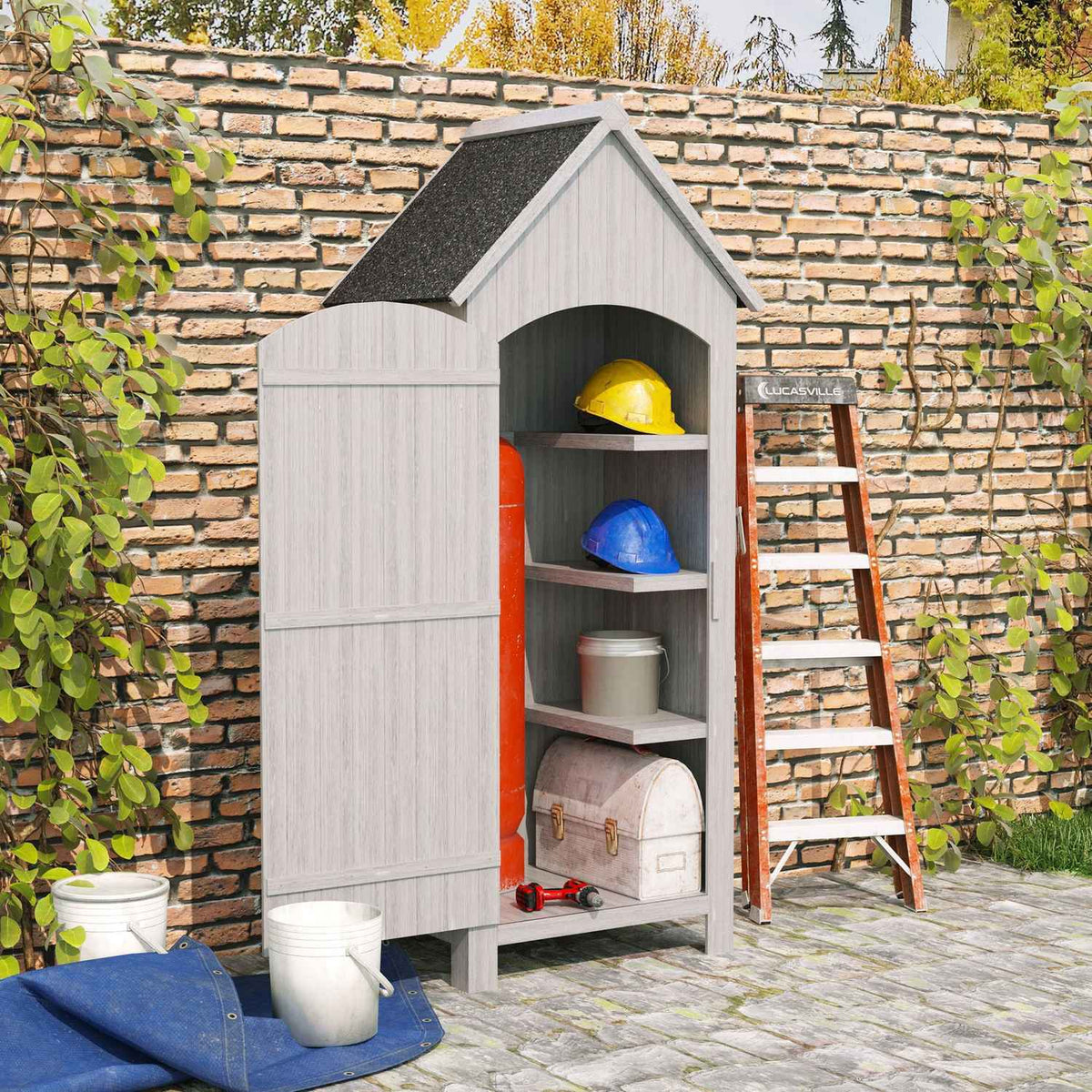Tool Shed, Wooden Garden Cupboard, Garden House With Gable Roof, Bitumen Cardboard, Grey, 77.5 X 54.2 X 179.5 Cm