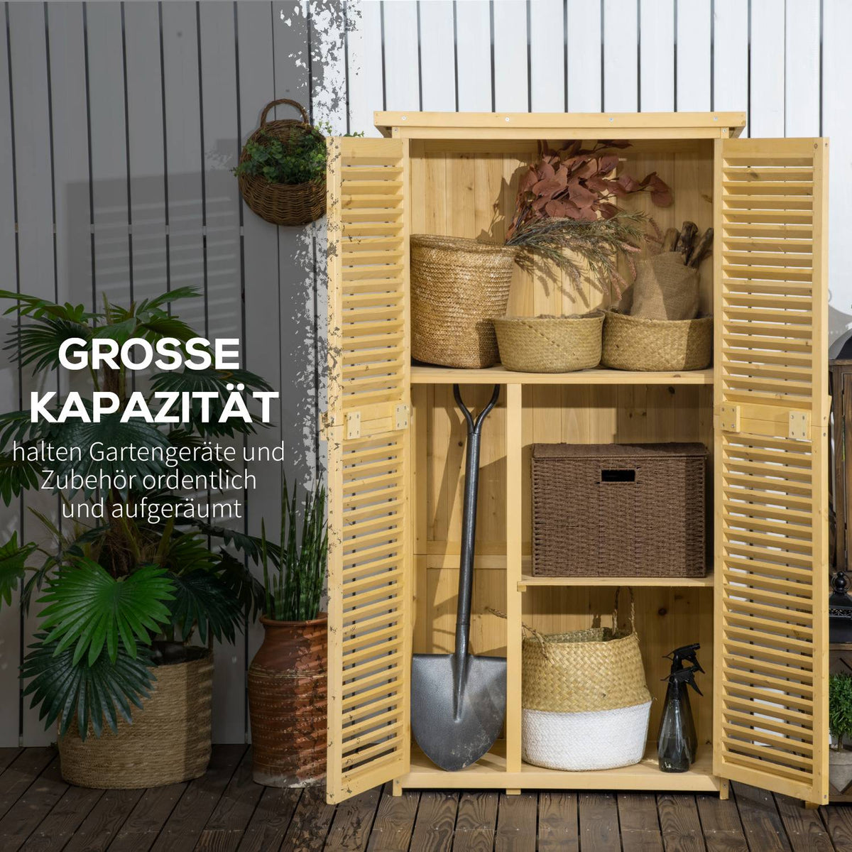 Tool Shed, Wooden Tool Shed With Asphalt Roof, Slatted Door, 4 Compartments, Natural, 87X46.5X160Cm