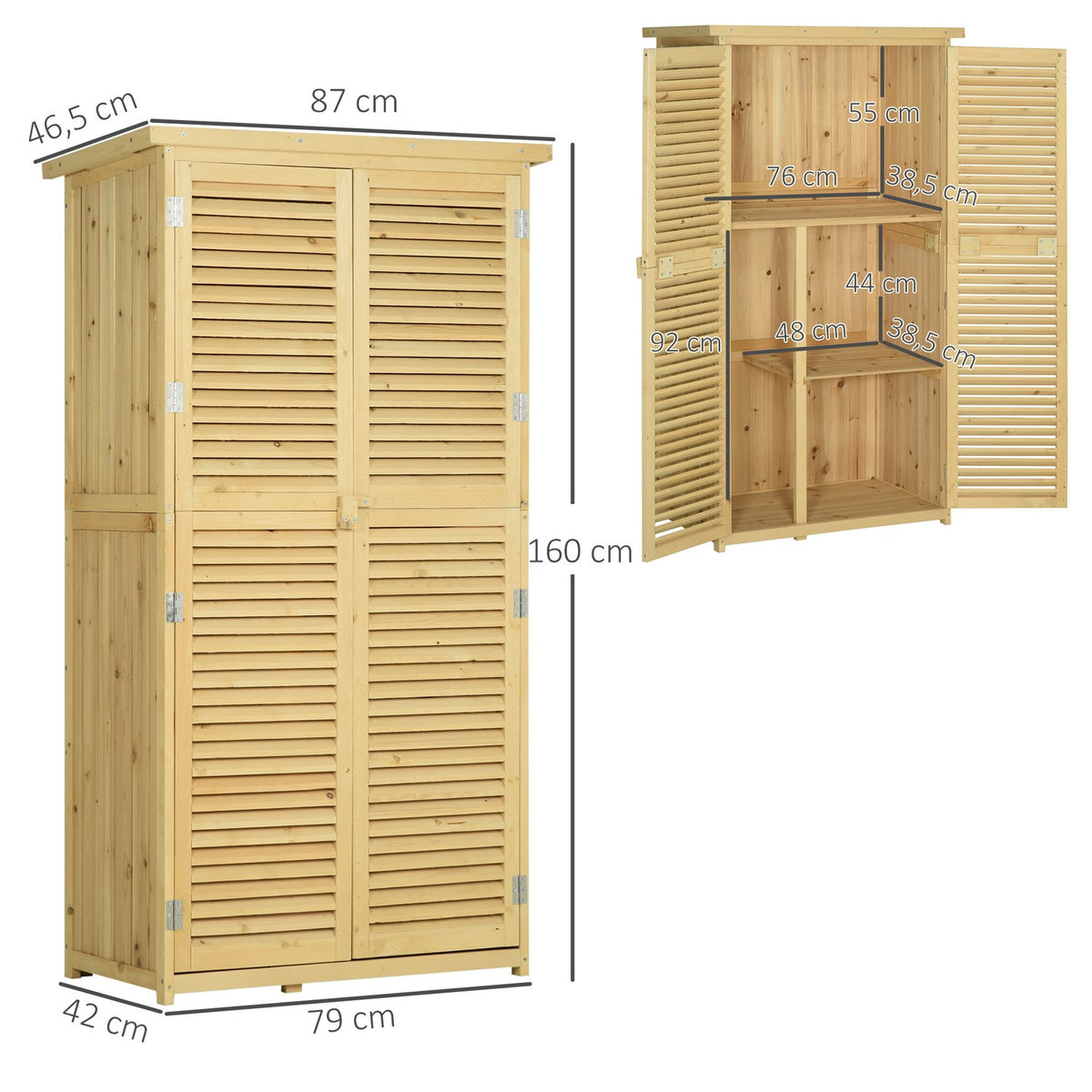 Tool Shed, Wooden Tool Shed With Asphalt Roof, Slatted Door, 4 Compartments, Natural, 87X46.5X160Cm