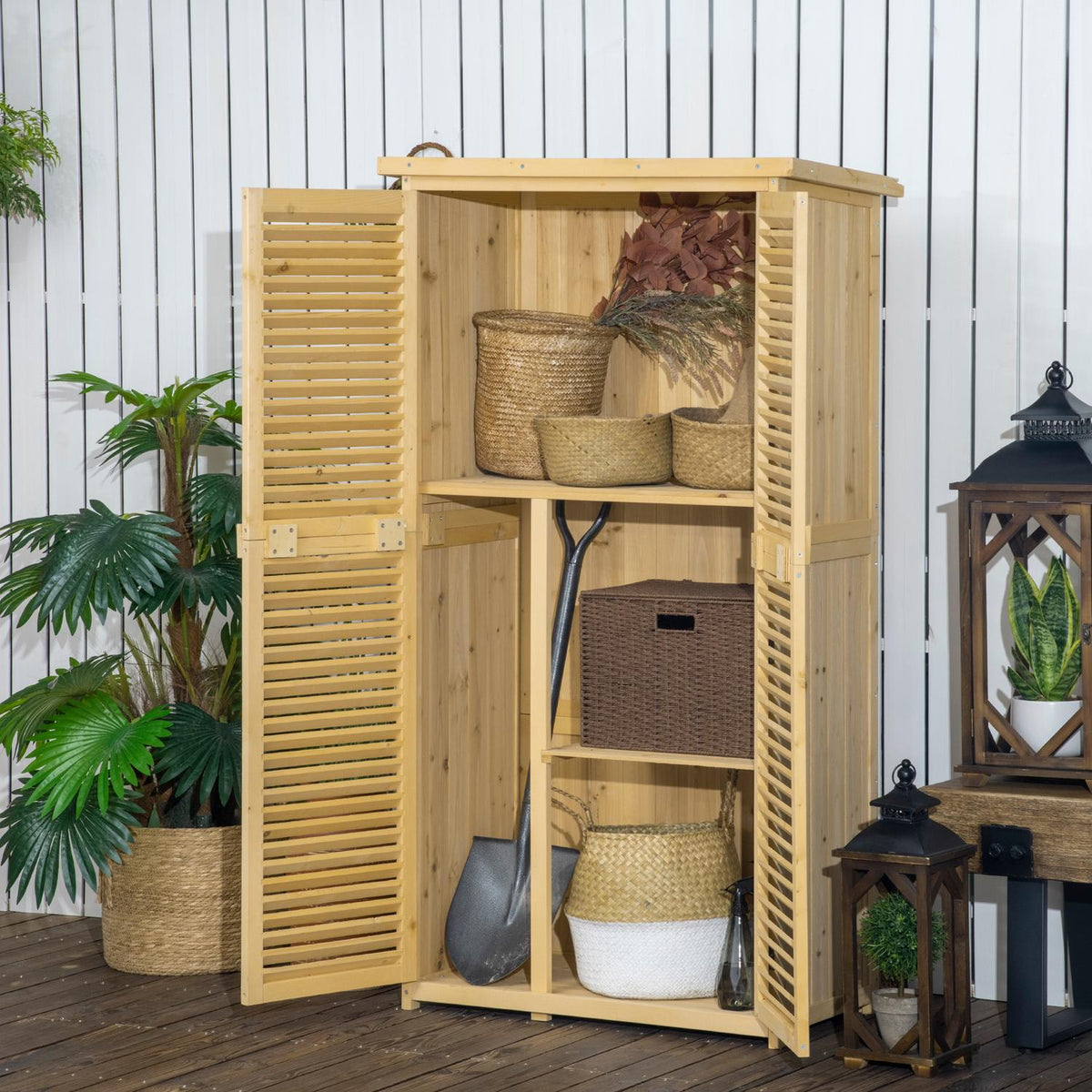 Tool Shed, Wooden Tool Shed With Asphalt Roof, Slatted Door, 4 Compartments, Natural, 87X46.5X160Cm