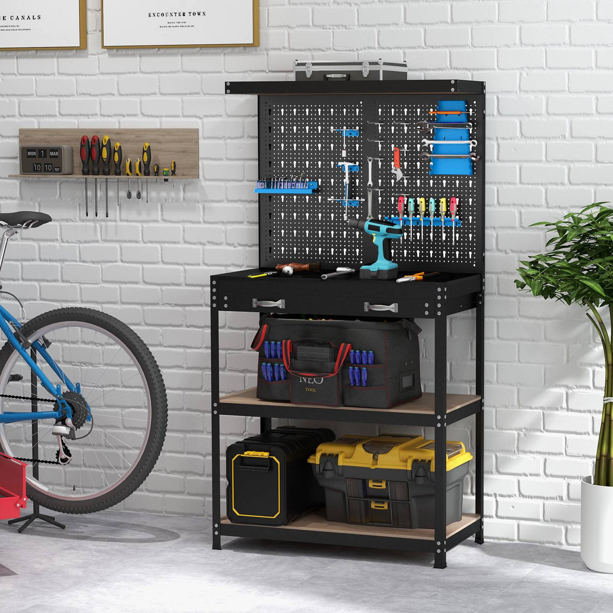 Tool Storage Workbench – Pegboard, Drawer, Shelves, Blue