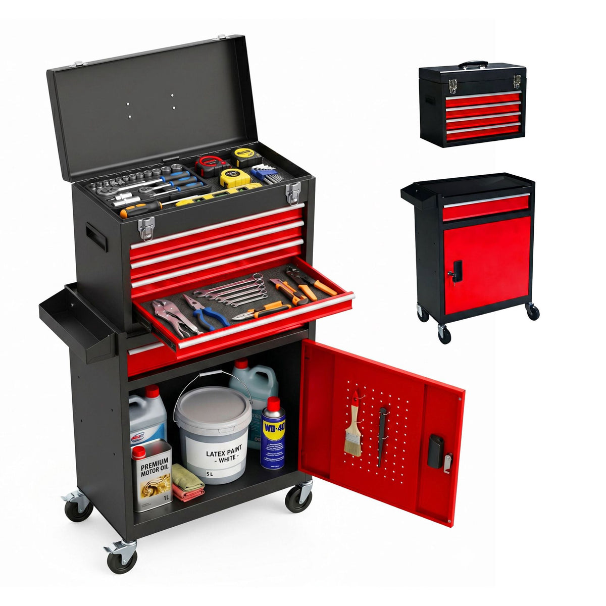 Tool Trolley, Lockable Steel, 5 Drawers, Removable Top