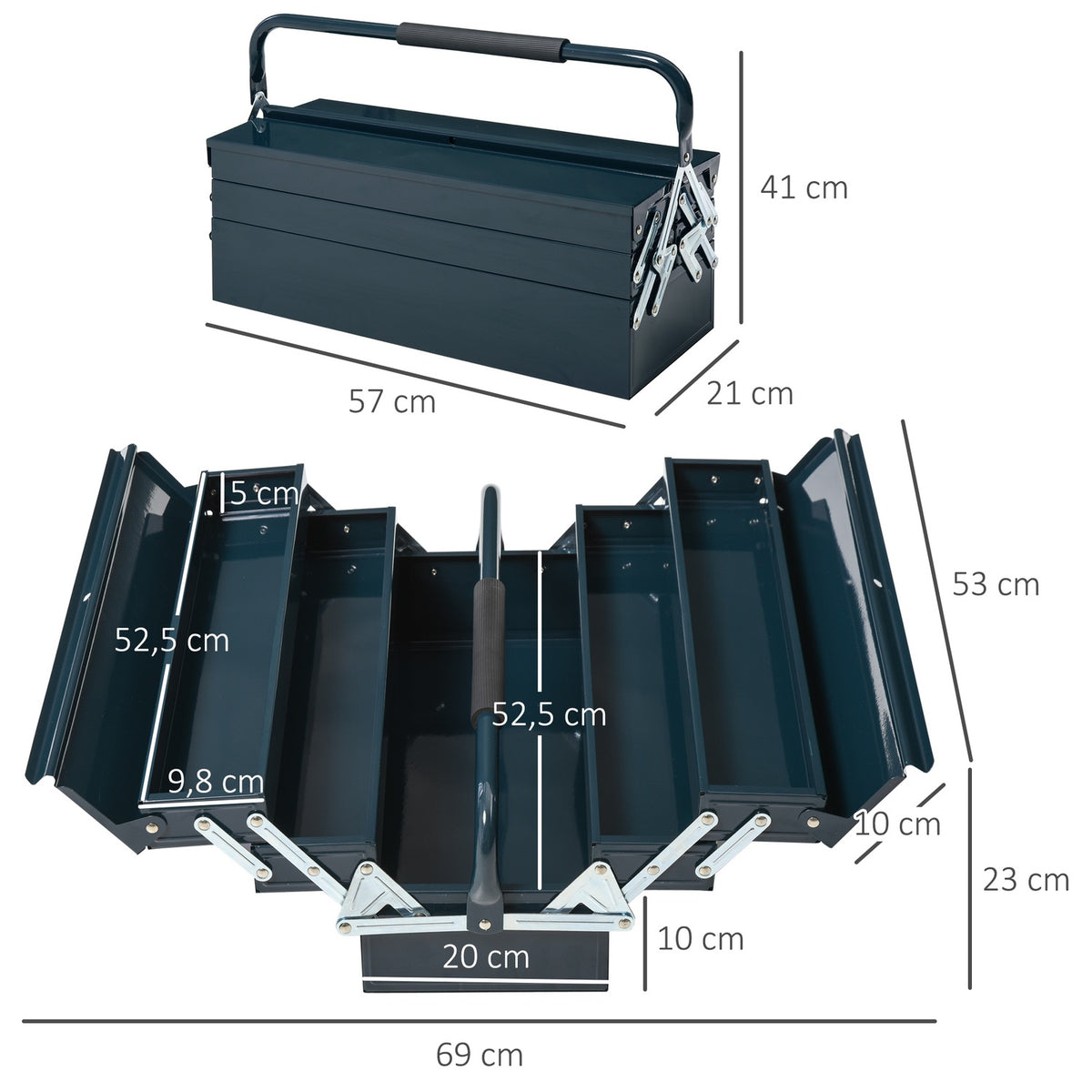 Tool box 5 compartments foldable steel dark green 57x21x41cm
