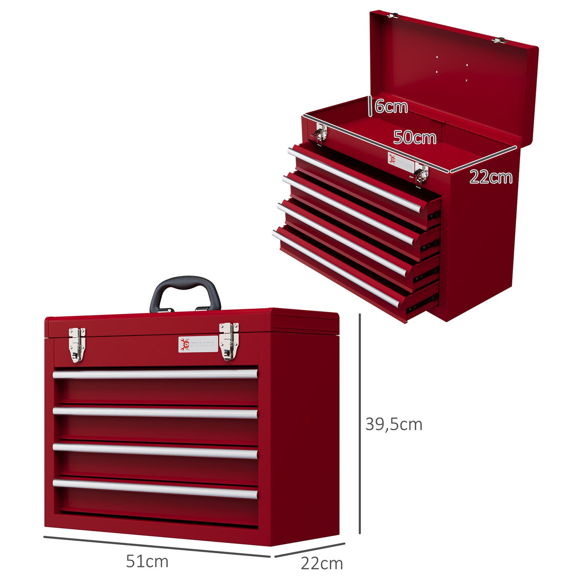 Tool box empty, 51 x 22 x 39.5 cm tool box with 4 drawers, top storage compartment, handle, tool box with lock, steel