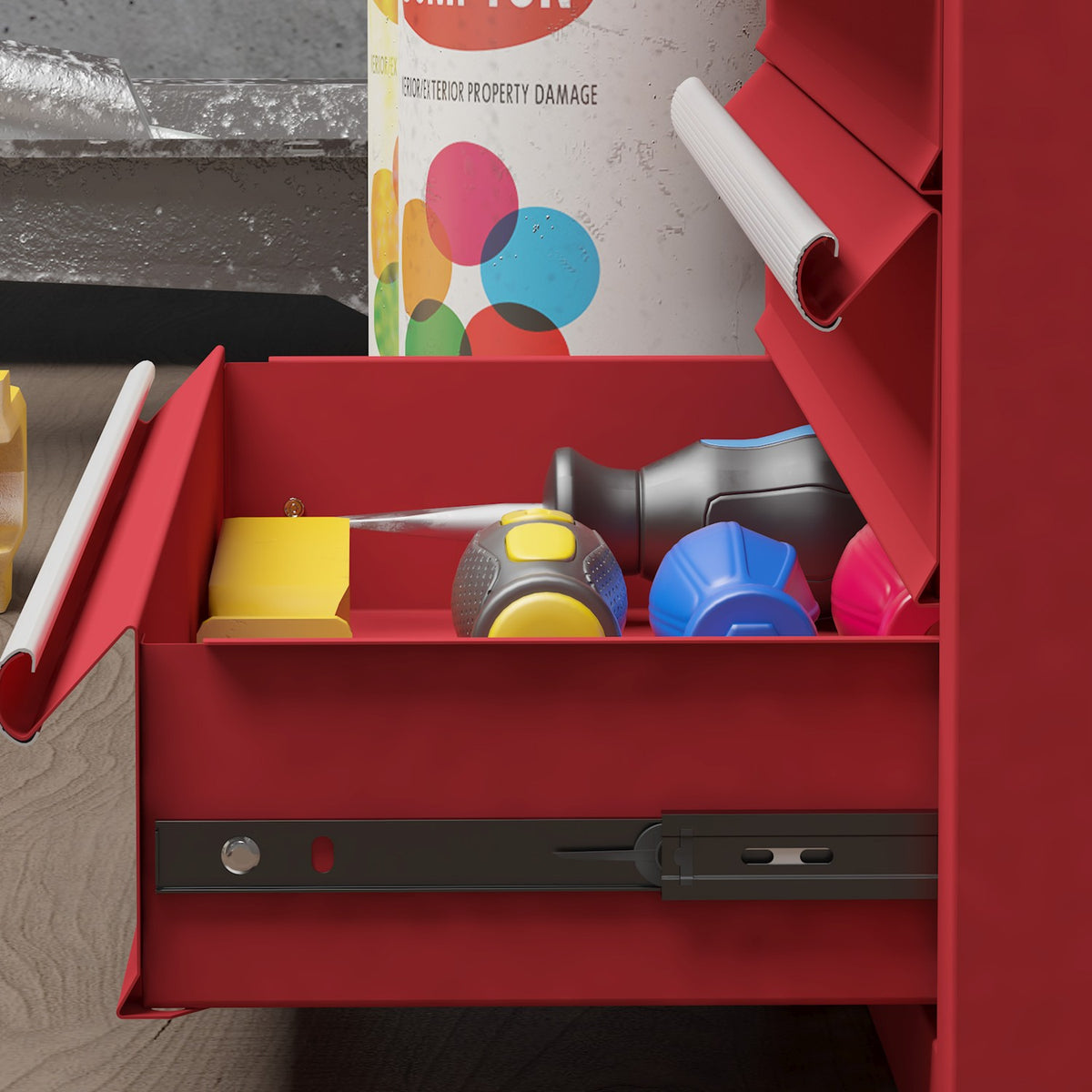 Tool box empty, 51 x 22 x 39.5 cm tool box with 4 drawers, top storage compartment, handle, tool box with lock, steel