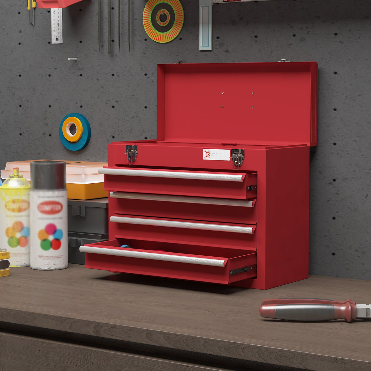 Tool box empty, 51 x 22 x 39.5 cm tool box with 4 drawers, top storage compartment, handle, tool box with lock, steel