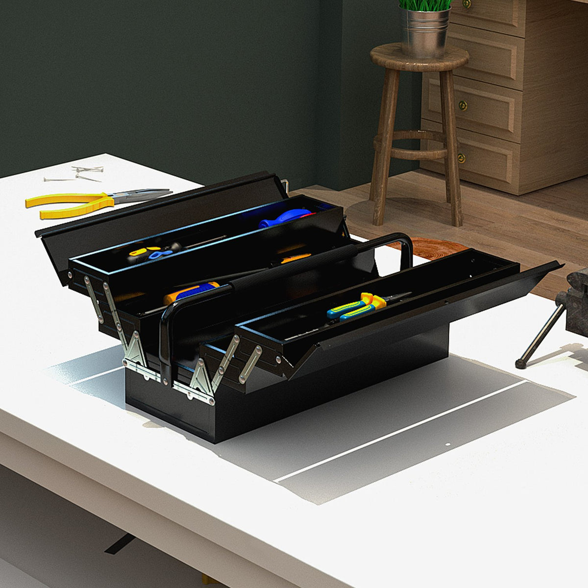 Tool box, tool box, 5 compartments, foldable steel (SPCC) black, 56 x 20 x 41 cm