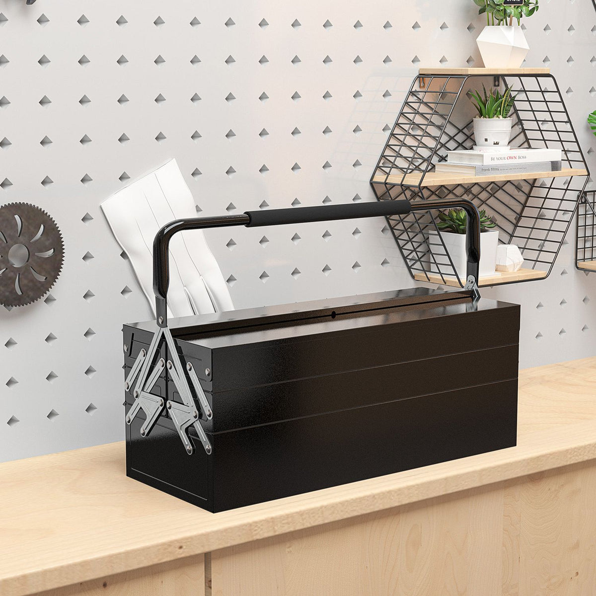Tool box, tool box, 5 compartments, foldable steel (SPCC) black, 56 x 20 x 41 cm