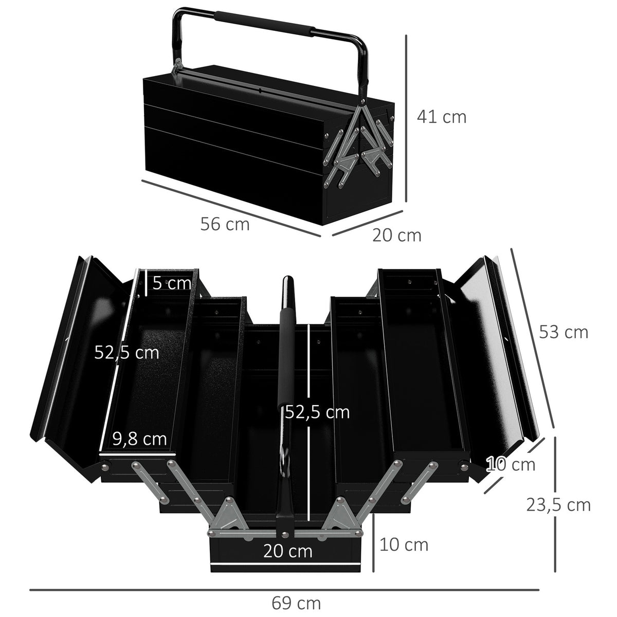 Tool box, tool box, 5 compartments, foldable steel (SPCC) black, 56 x 20 x 41 cm