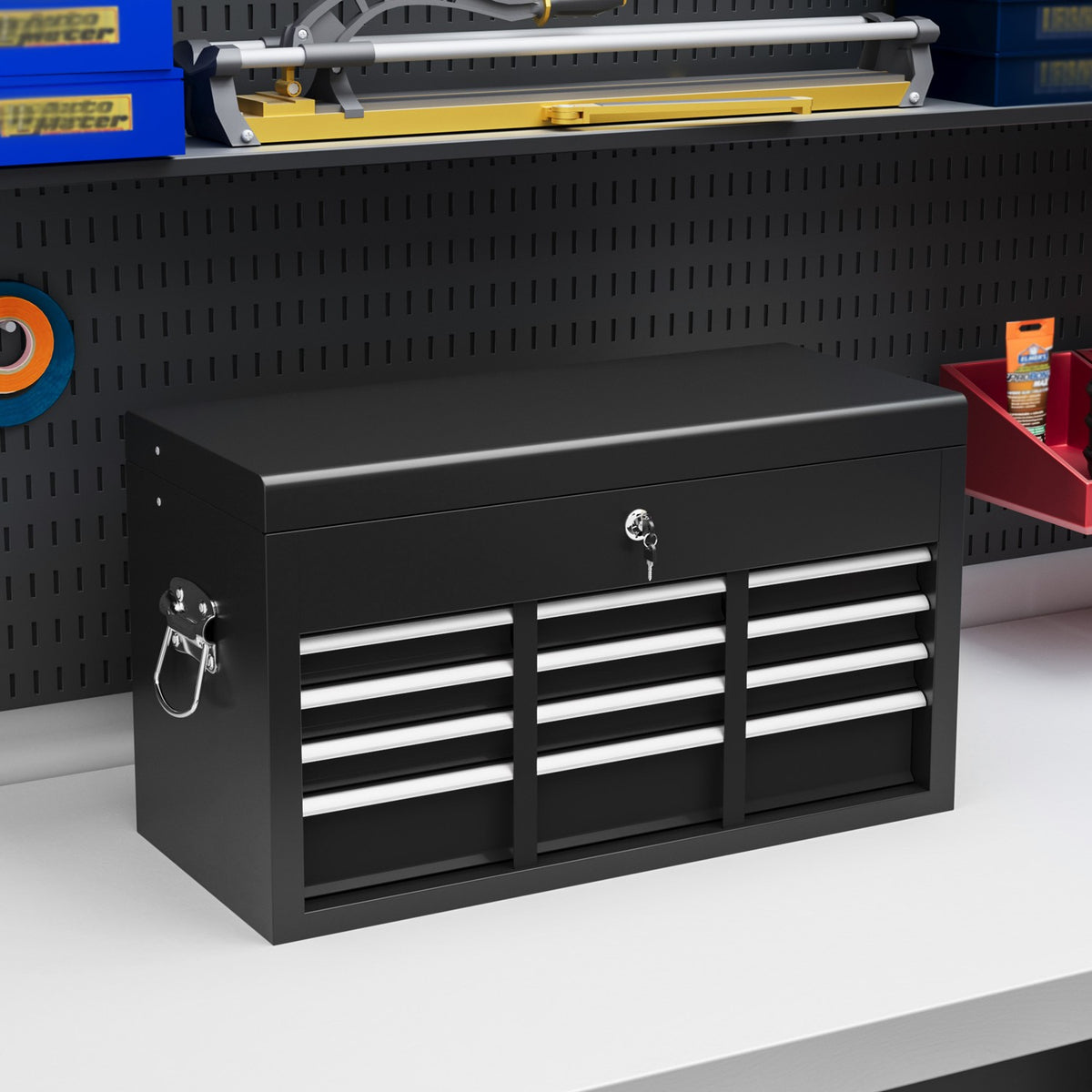 Tool box, tool box without tools, with 6 drawers, lock, tool box with handle, tool box, steel, black, 60 x 26 x 34 cm