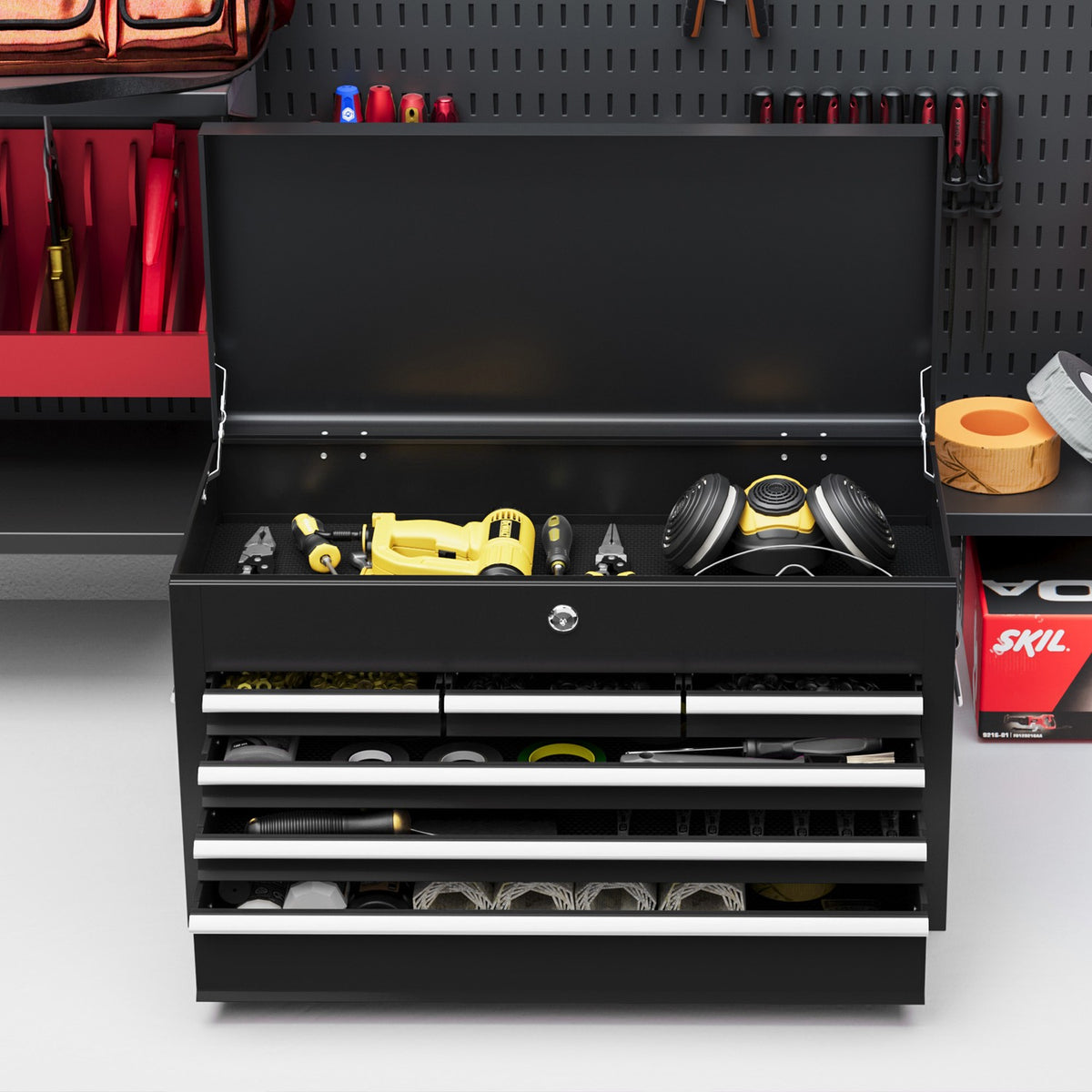 Tool box, tool box without tools, with 6 drawers, lock, tool box with handle, tool box, steel, black, 60 x 26 x 34 cm