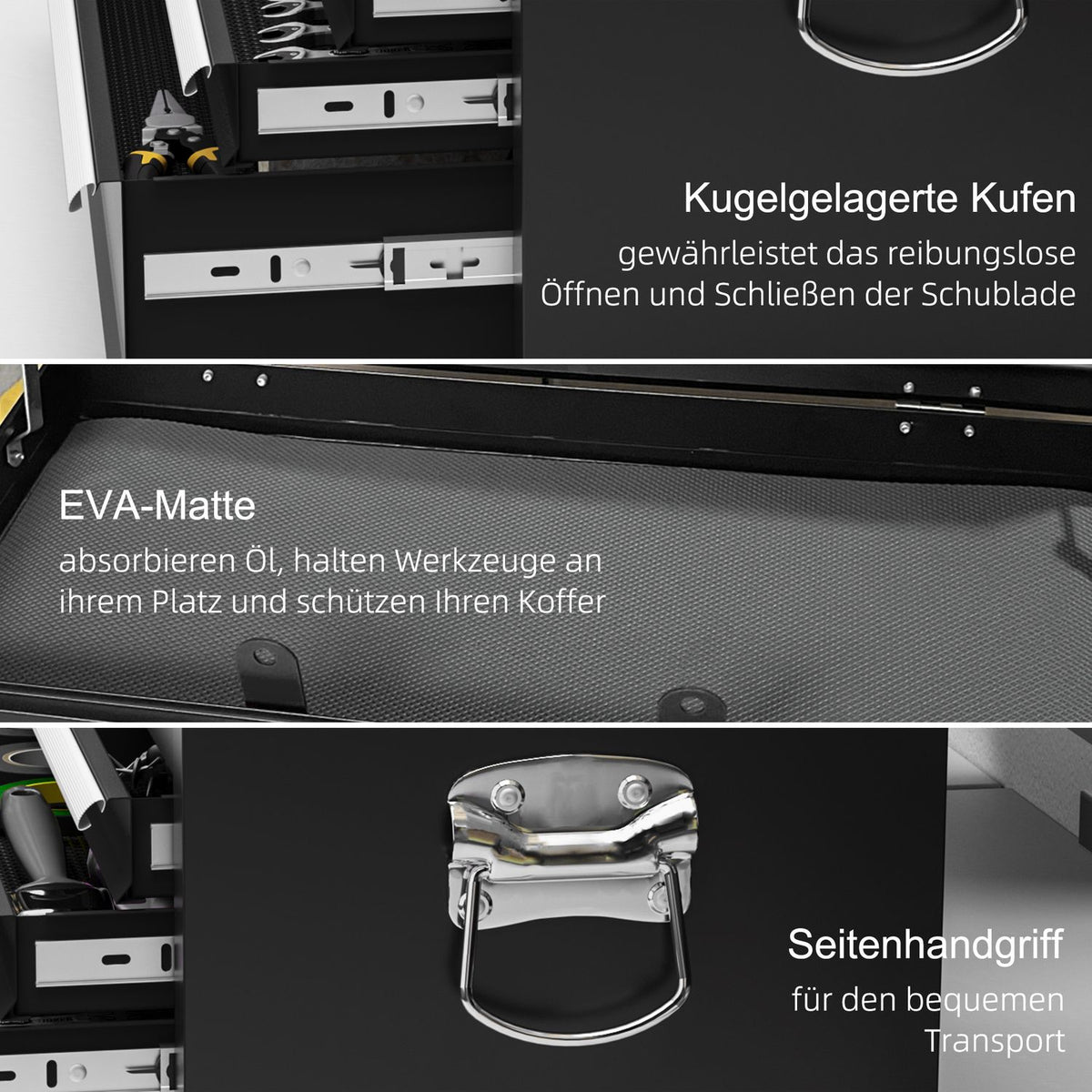 Tool box, tool box without tools, with 6 drawers, lock, tool box with handle, tool box, steel, black, 60 x 26 x 34 cm
