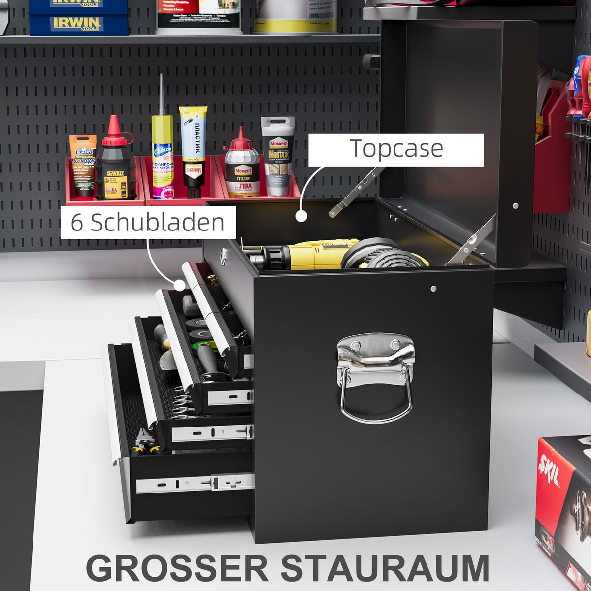 Tool box, tool box without tools, with 6 drawers, lock, tool box with handle, tool box, steel, black, 60 x 26 x 34 cm