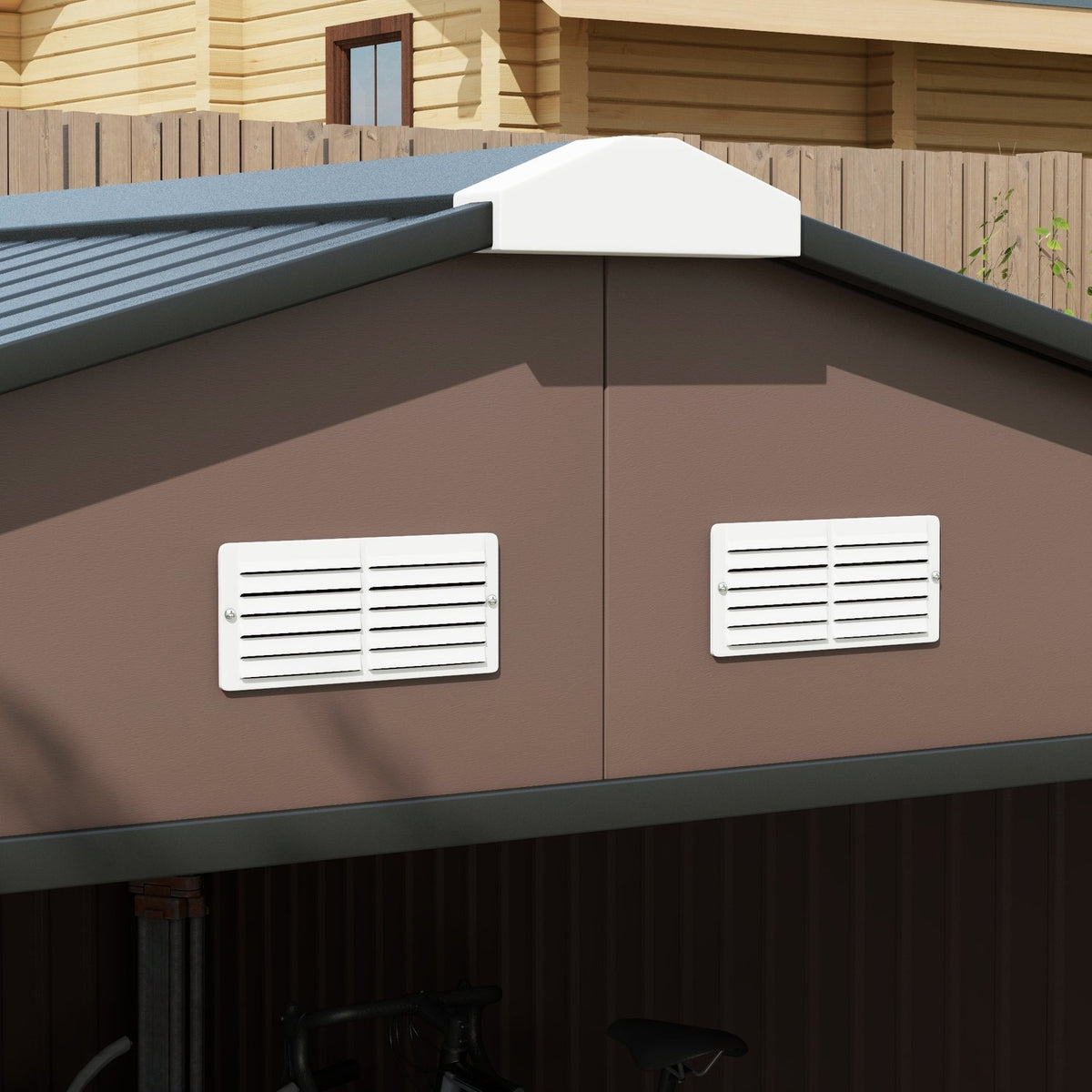 Tool shed 12.4 m², garden shed with pent roof, sliding door, foundation, 340 x 386 x 200 cm, tool shed made of galvanized steel, weatherproof, for garden, brown