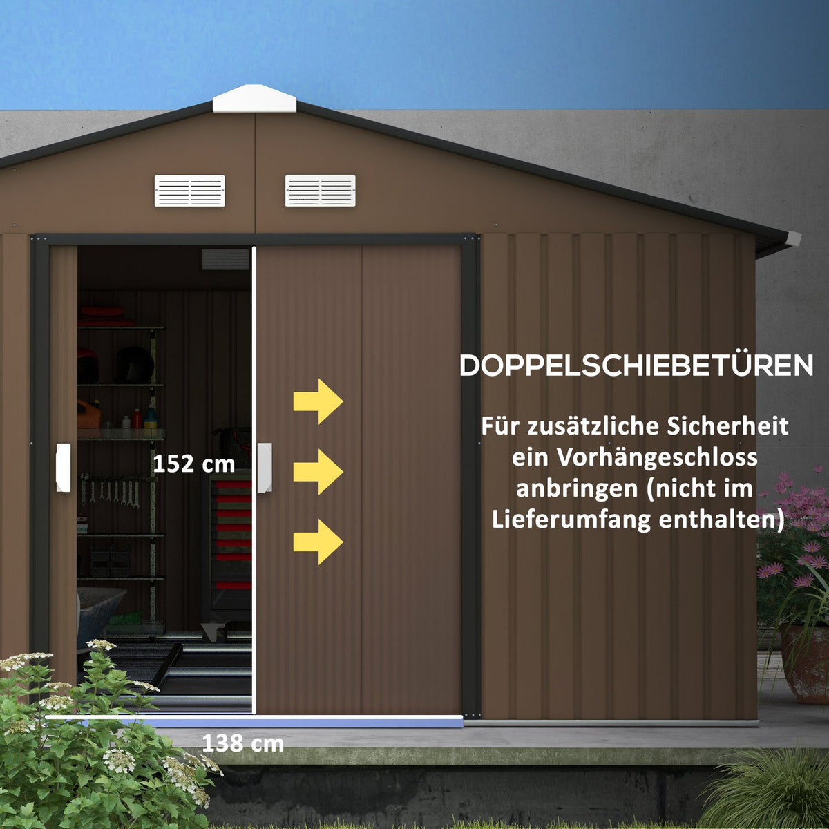Tool shed 12.4 m², garden shed with pent roof, sliding door, foundation, 340 x 386 x 200 cm, tool shed made of galvanized steel, weatherproof, for garden, brown