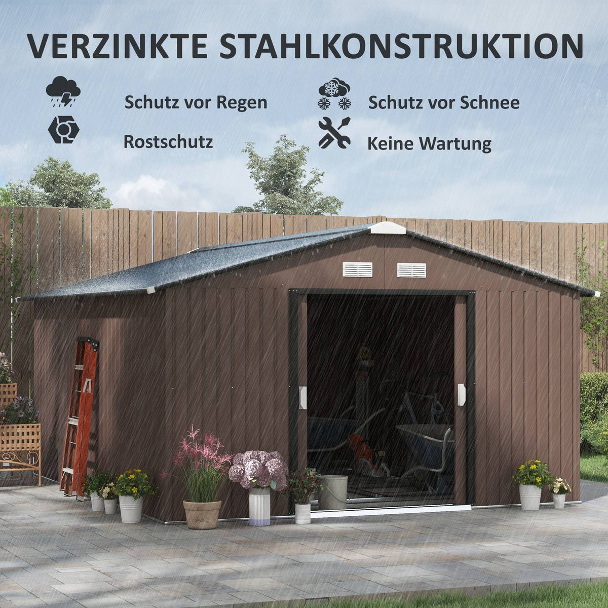 Tool shed 12.4 m², garden shed with pent roof, sliding door, foundation, 340 x 386 x 200 cm, tool shed made of galvanized steel, weatherproof, for garden, brown