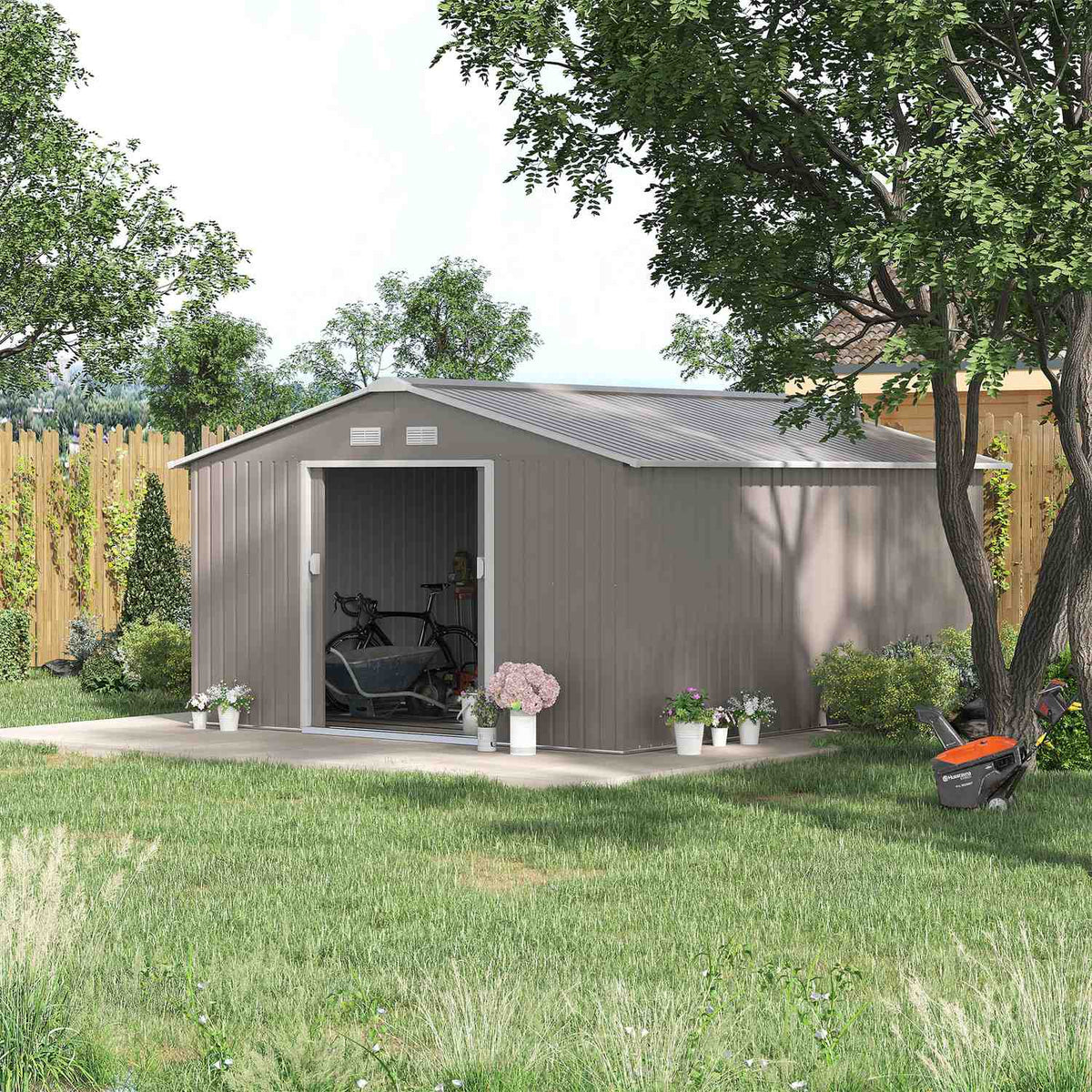 Tool shed 12.4 m², garden shed with pent roof, sliding door, foundation, 340 x 386 x 200 cm, tool shed made of galvanized steel, weatherproof, for garden, charcoal gray