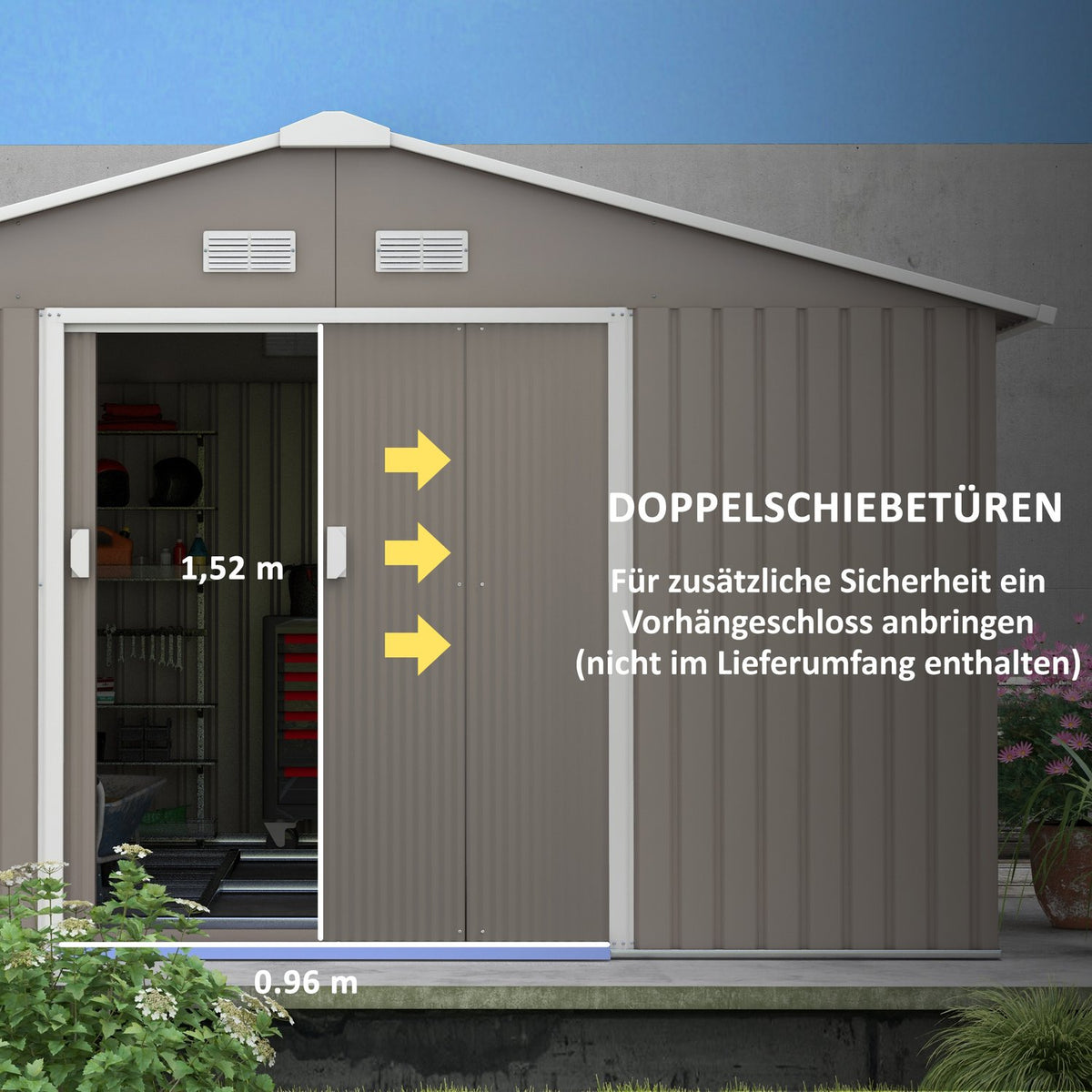 Tool shed 12.4 m², garden shed with pent roof, sliding door, foundation, 340 x 386 x 200 cm, tool shed made of galvanized steel, weatherproof, for garden, charcoal gray