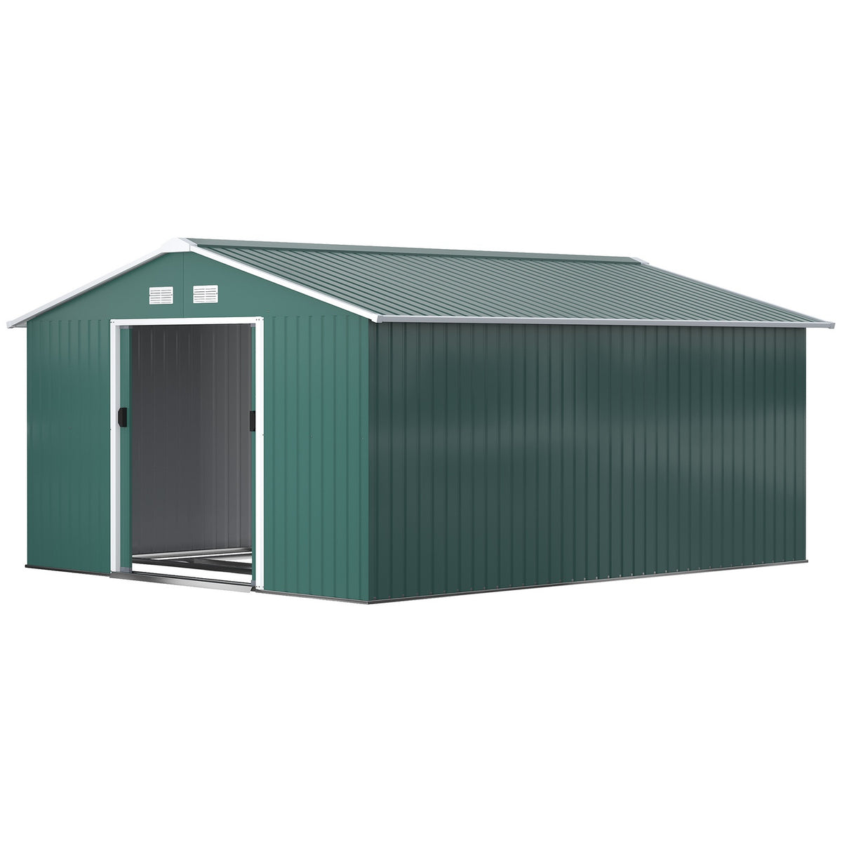 Tool shed 12.4 m², garden shed with pent roof, sliding door, foundation, 340 x 386 x 200 cm, tool shed made of galvanized steel, weatherproof, for garden, dark green