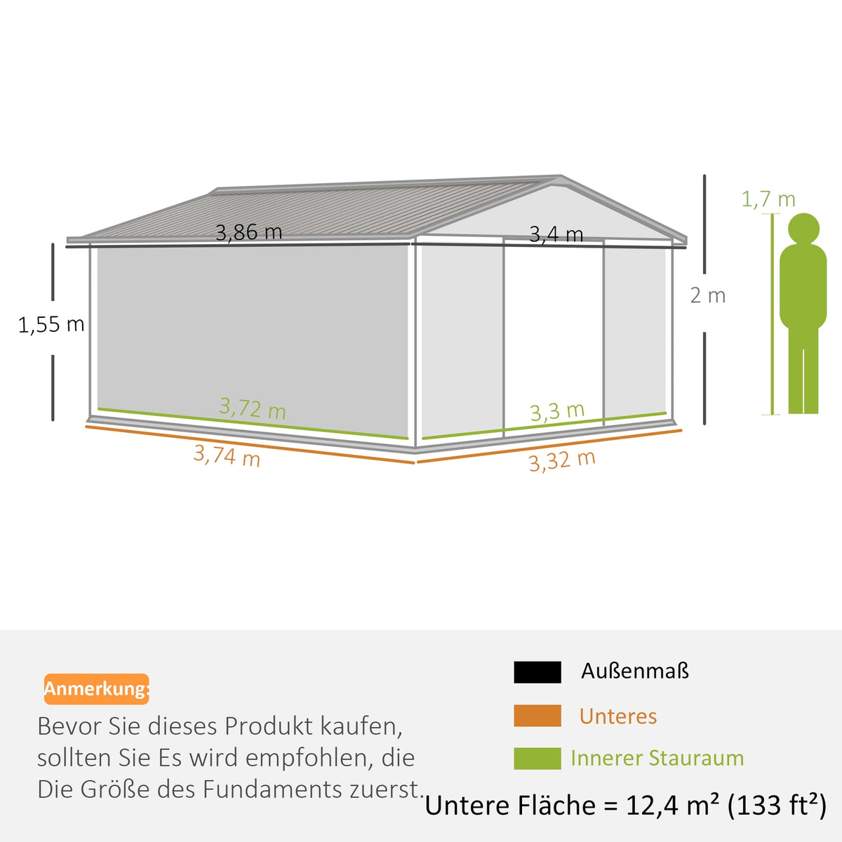 Tool shed 12.4 m², garden shed with pent roof, sliding door, foundation, 340 x 386 x 200 cm, tool shed made of galvanized steel, weatherproof, for garden, dark green