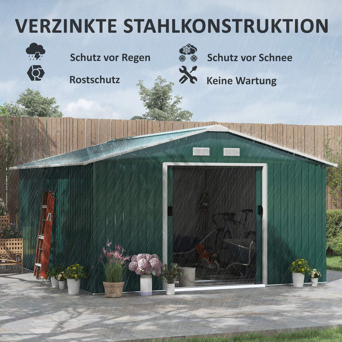 Tool shed 12.4 m², garden shed with pent roof, sliding door, foundation, 340 x 386 x 200 cm, tool shed made of galvanized steel, weatherproof, for garden, dark green