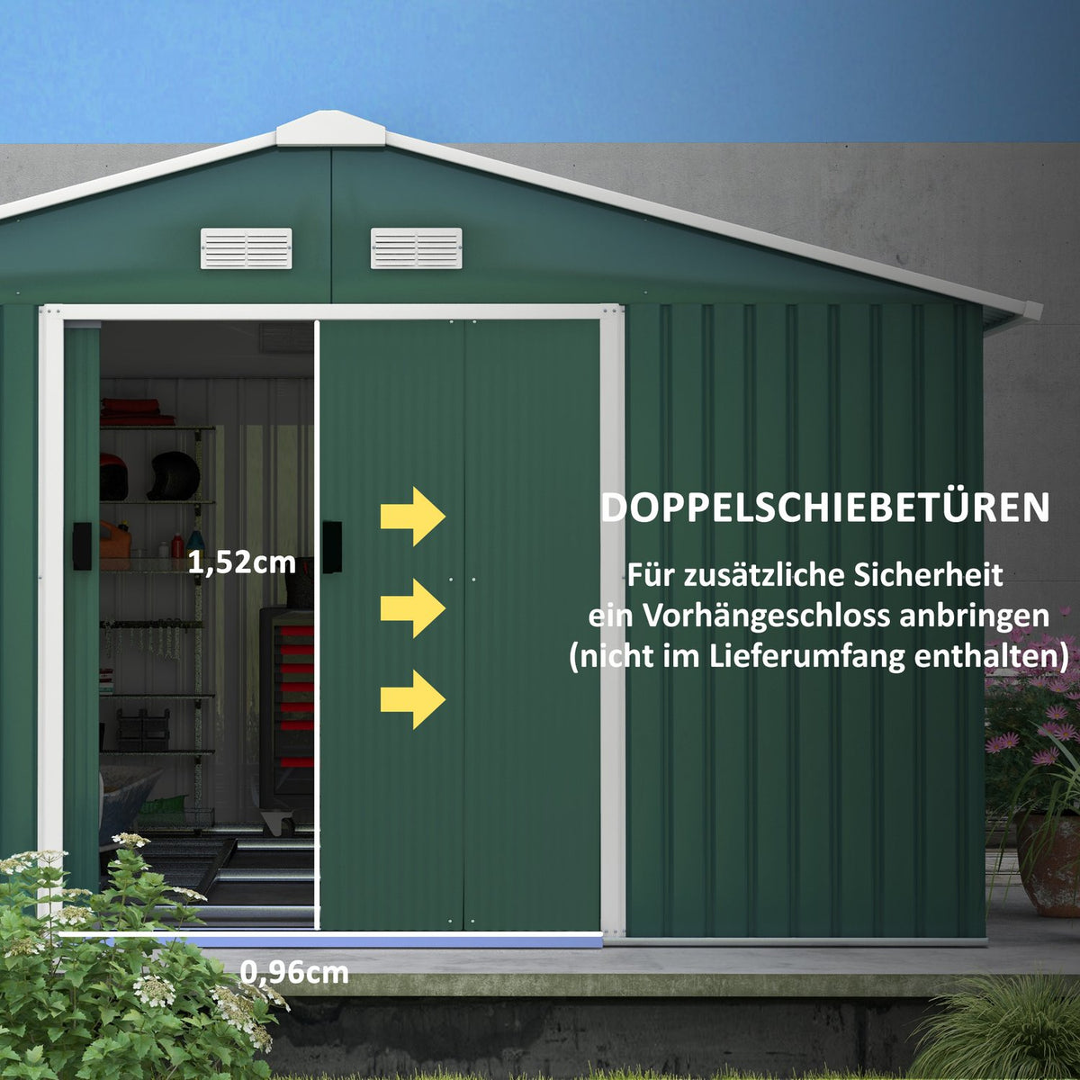 Tool shed 12.4 m², garden shed with pent roof, sliding door, foundation, 340 x 386 x 200 cm, tool shed made of galvanized steel, weatherproof, for garden, dark green