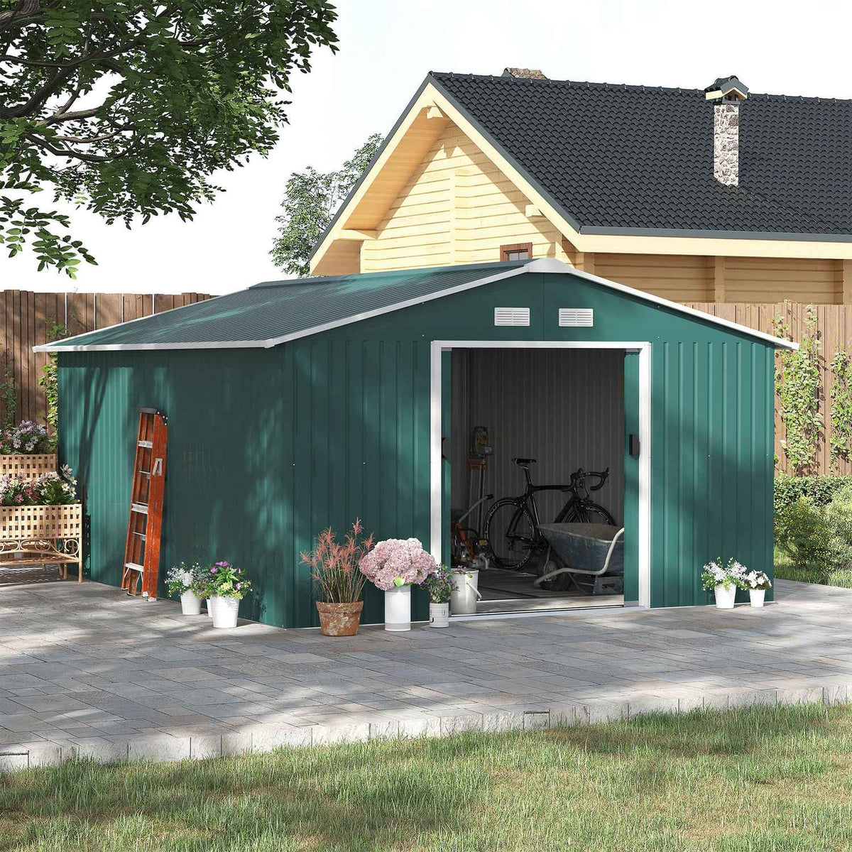 Tool shed 12.4 m², garden shed with pent roof, sliding door, foundation, 340 x 386 x 200 cm, tool shed made of galvanized steel, weatherproof, for garden, dark green