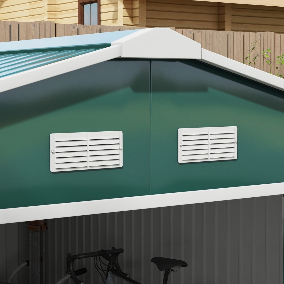 Tool shed 12.4 m², garden shed with pent roof, sliding door, foundation, 340 x 386 x 200 cm, tool shed made of galvanized steel, weatherproof, for garden, dark green