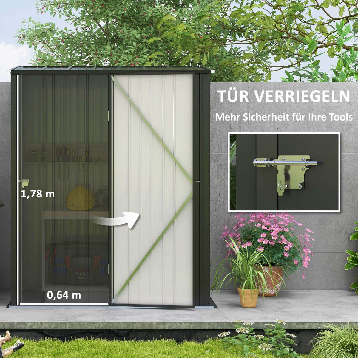 Tool shed 1.34 m² Lockable garden cupboard with pent roof made of galvanized steel, 161.5x94.5x196cm, black