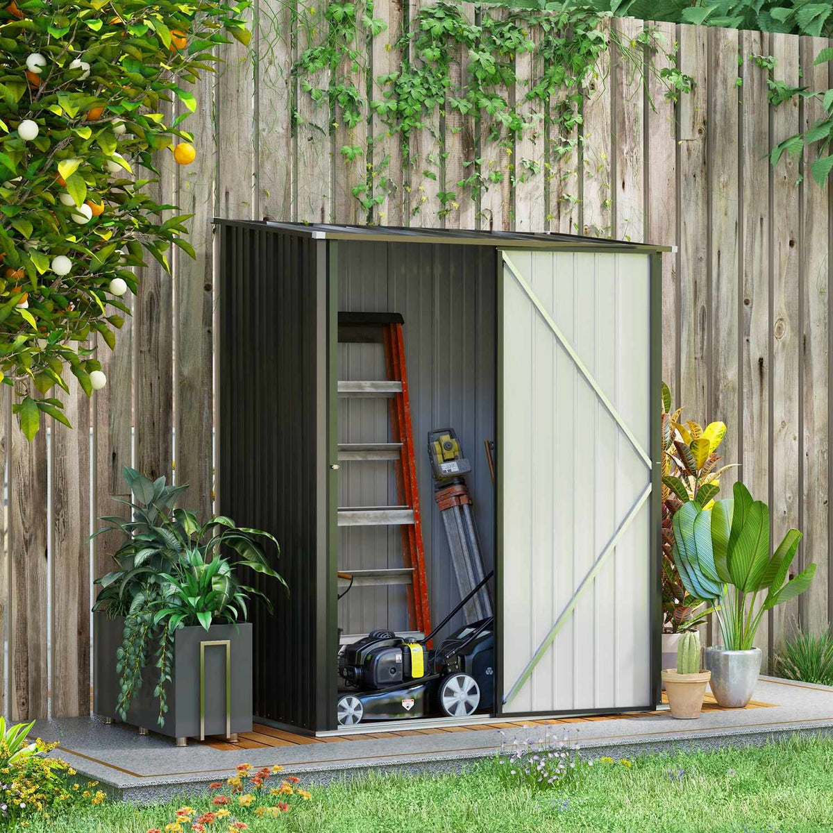Tool shed 1.34 m² Lockable garden cupboard with pent roof made of galvanized steel, 161.5x94.5x196cm, black