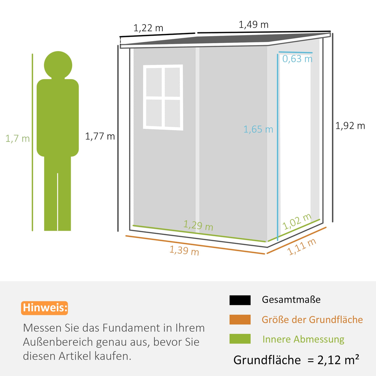 Tool shed 1.54m³, garden shed with pent roof, 122 x 149 x 192/177 cm, tool shed with lockable door, window, bicycle garage, garden cabinet made of aluminum, for backyard, garden, gray