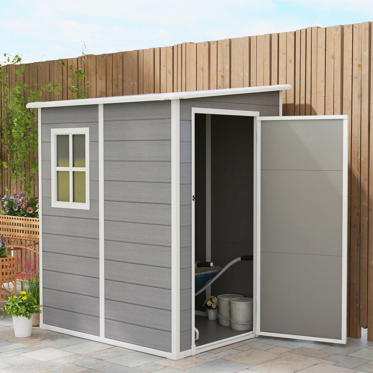 Tool shed 1.54m³, garden shed with pent roof, 122 x 149 x 192/177 cm, tool shed with lockable door, window, bicycle garage, garden cabinet made of aluminum, for backyard, garden, gray