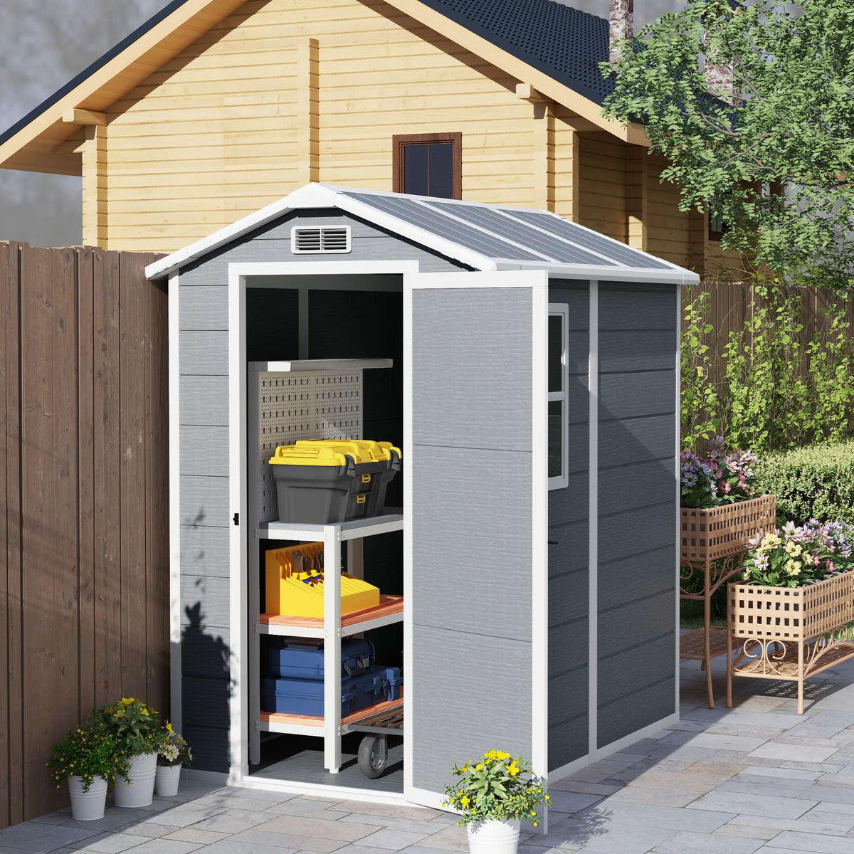 Tool shed 2.1m², waterproof garden house with floor pent roof, 131x186x198/172 cm, tool shed with lockable door, window bicycle garage, garden cabinet made of aluminum, for backyard, garden, gray |