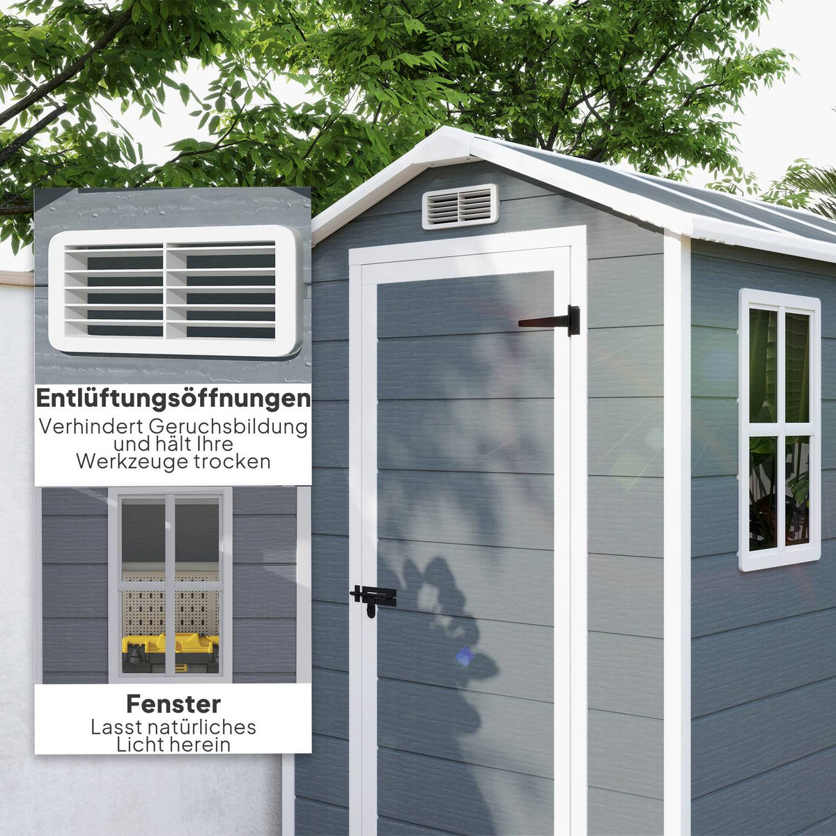 Tool shed 2.1m², waterproof garden house with floor pent roof, 131x186x198/172 cm, tool shed with lockable door, window bicycle garage, garden cabinet made of aluminum, for backyard, garden, gray |