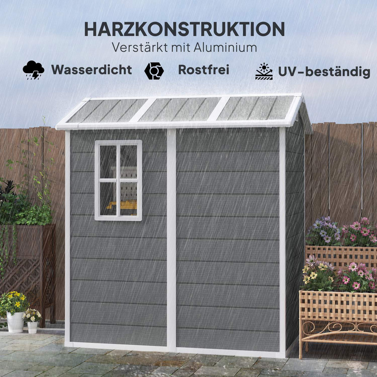 Tool shed 2.1m², waterproof garden house with floor pent roof, 131x186x198/172 cm, tool shed with lockable door, window bicycle garage, garden cabinet made of aluminum, for backyard, garden, gray |