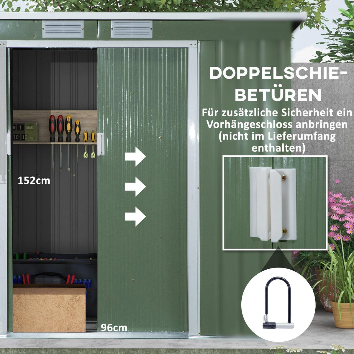 Tool shed 2.42 m², garden shed with ventilation window, sliding door, foundation, 213 x 130 x 159/172 cm, tool shed made of galvanized steel, weatherproof, for garden, green