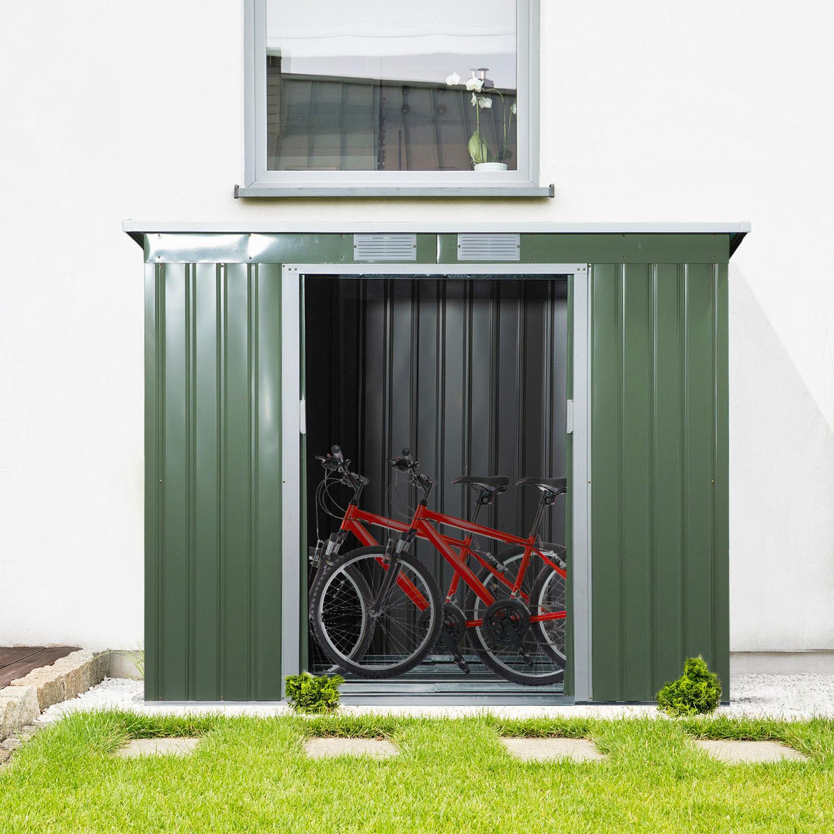 Tool shed 2.42 m², garden shed with ventilation window, sliding door, foundation, 213 x 130 x 159/172 cm, tool shed made of galvanized steel, weatherproof, for garden, green