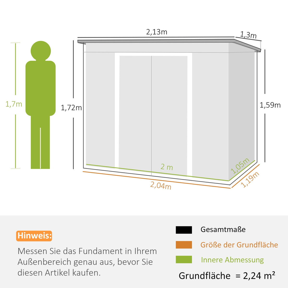 Tool shed 2.42 m², garden shed with ventilation window, sliding door, foundation, 213 x 130 x 159/172 cm, tool shed made of galvanized steel, weatherproof, for garden, green