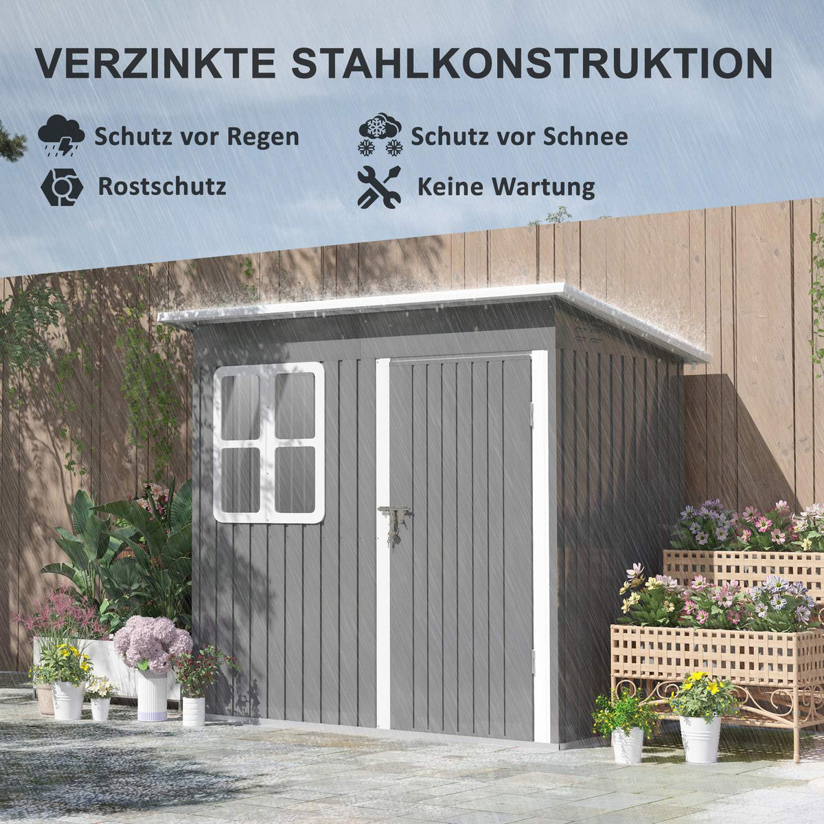 Tool shed 2.55m², garden shed with pent roof, 221 x 133 x 190/173 cm, tool shed with lockable door, window, bicycle garage, garden cupboard made of steel, for backyard, garden, dark gray
