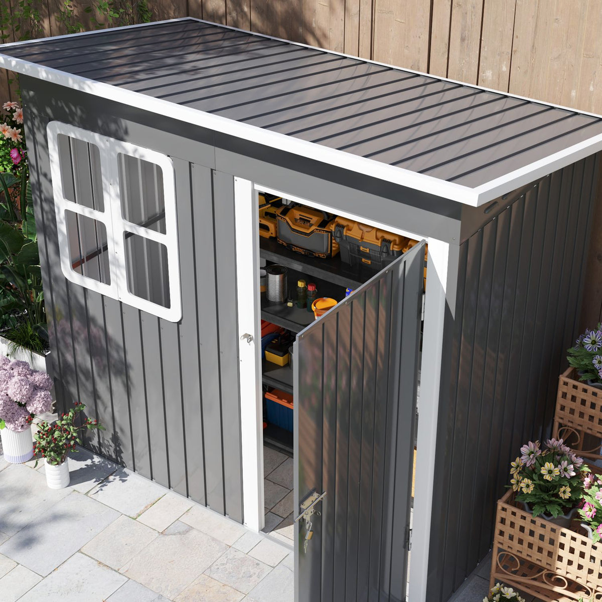 Tool shed 2.55m², garden shed with pent roof, 221 x 133 x 190/173 cm, tool shed with lockable door, window, bicycle garage, garden cupboard made of steel, for backyard, garden, dark gray