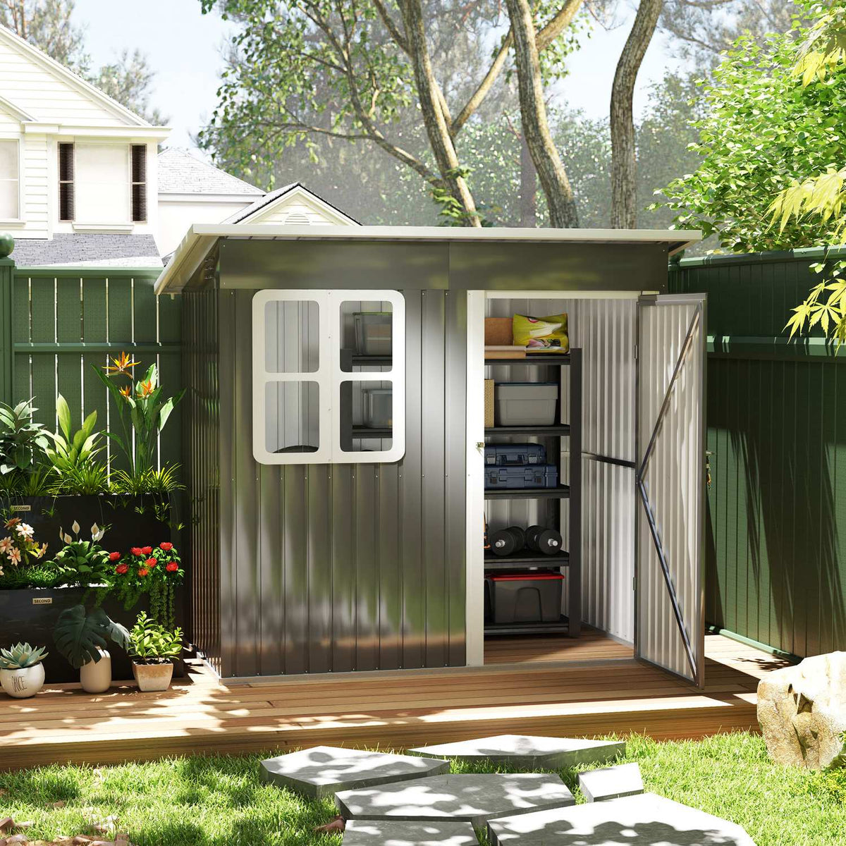 Tool shed 2.55m², garden shed with pent roof, 221 x 133 x 190/173 cm, tool shed with lockable door, window, bicycle garage, garden cupboard made of steel, for backyard, garden, dark gray