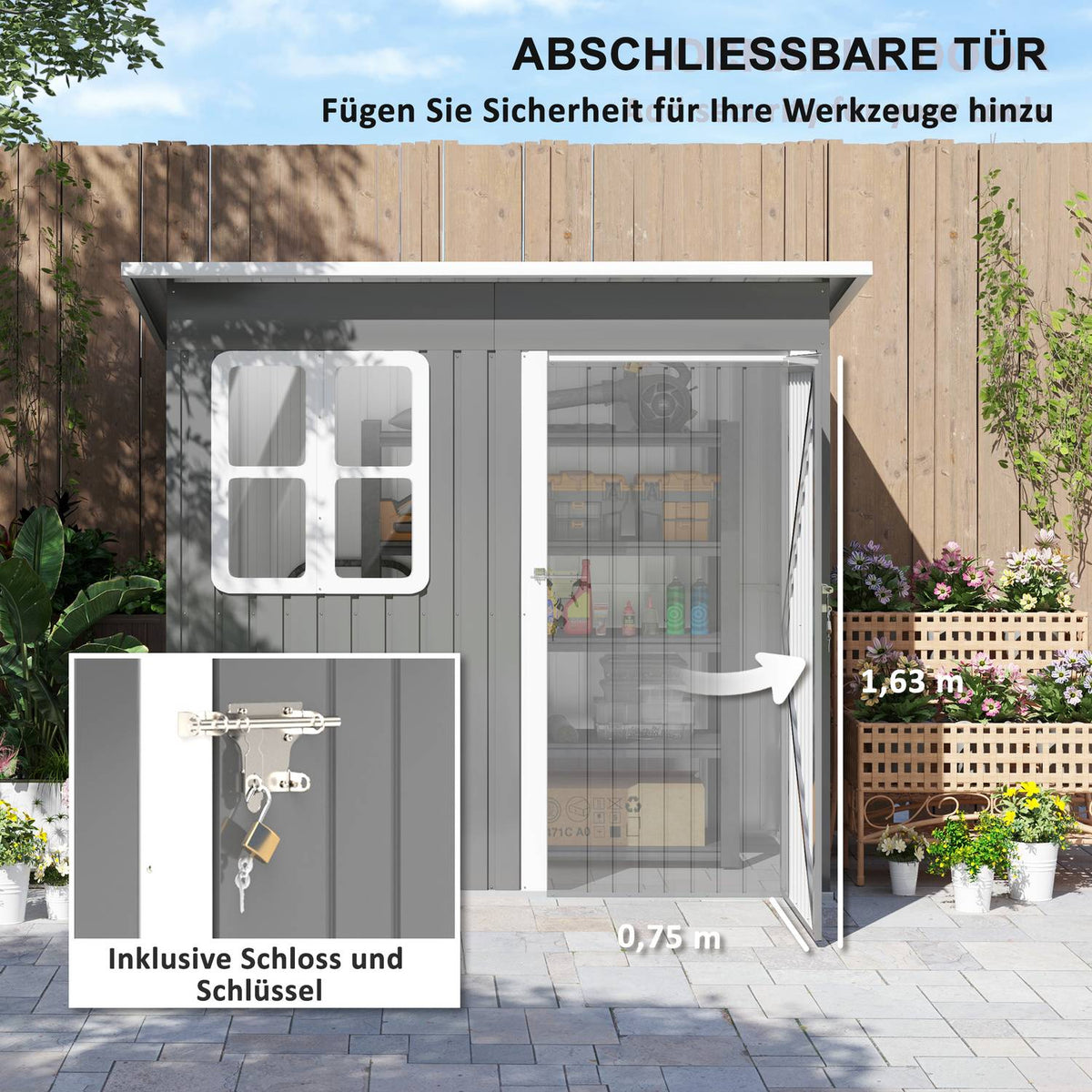 Tool shed 2.55m², garden shed with pent roof, 221 x 133 x 190/173 cm, tool shed with lockable door, window, bicycle garage, garden cupboard made of steel, for backyard, garden, dark gray